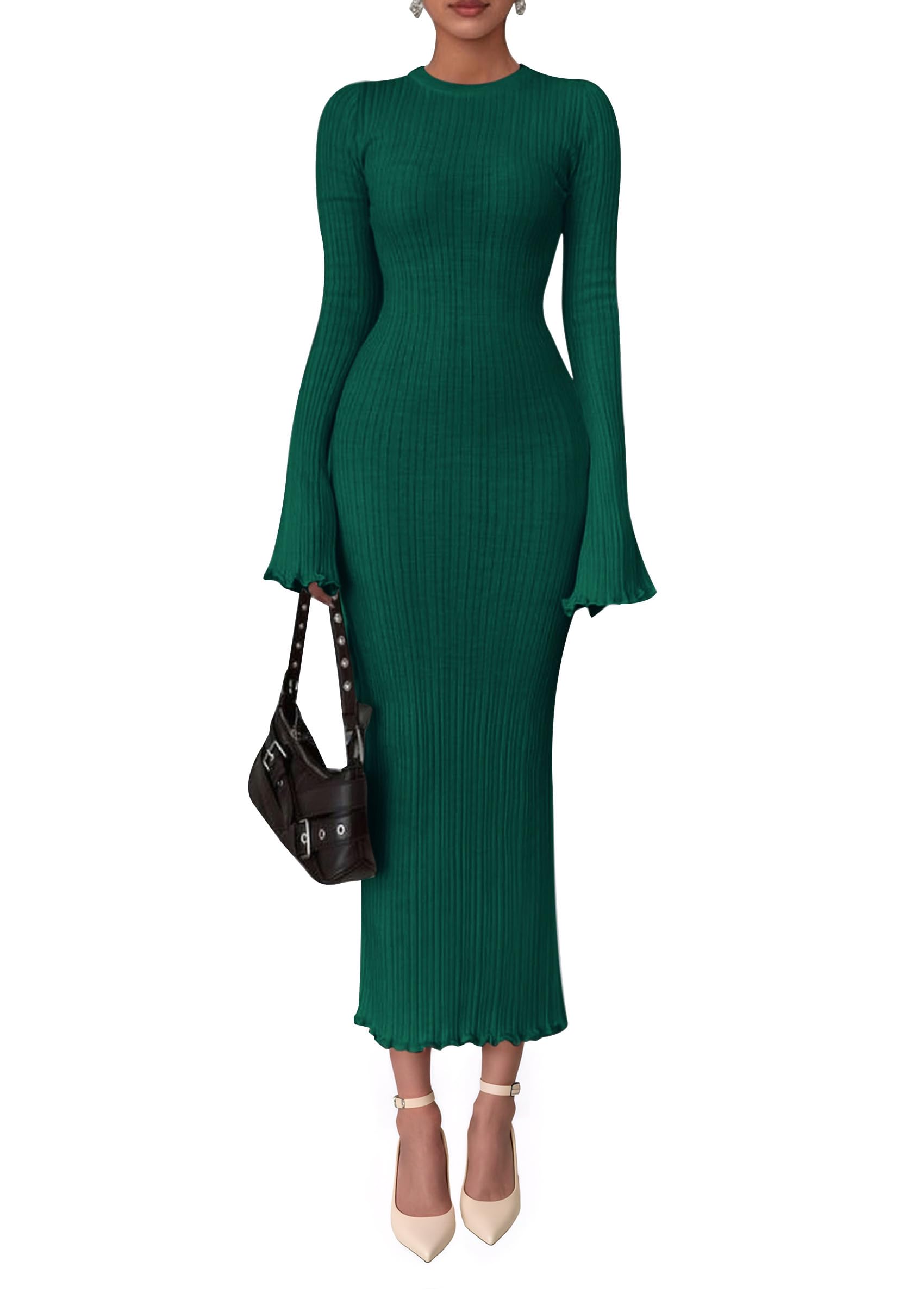 PRETTYGARDEN Sweater Dresses for Women  Fall Bell Long Sleeve Crew Neck Bodycon Maxi Dress Winter Ribbed Knit Outfits