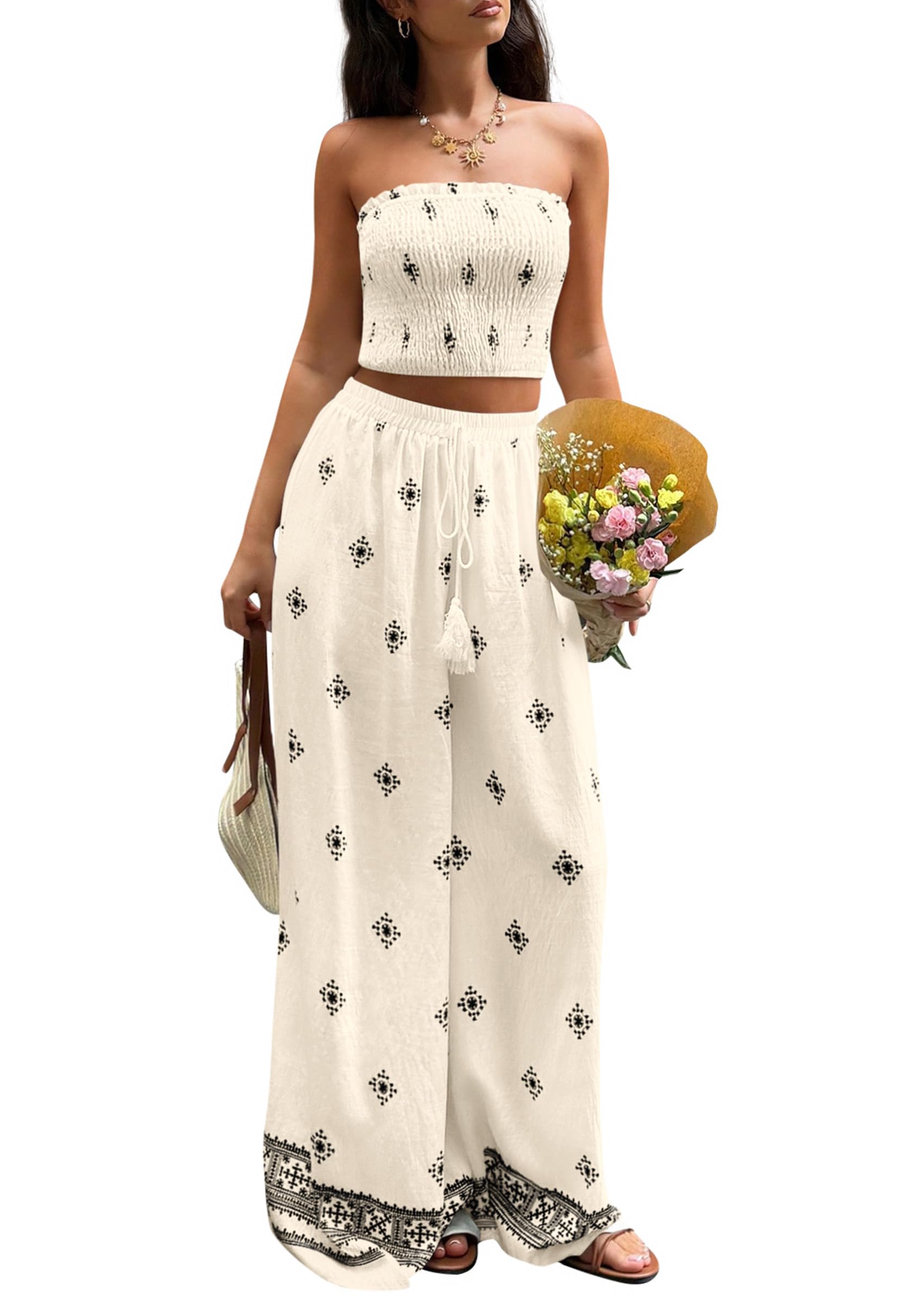 PRETTYGARDEN 2 Piece Sets for Women Summer  Travel Outfits Print Tube Tops Wide Leg Pants Beach Vacation Clothes