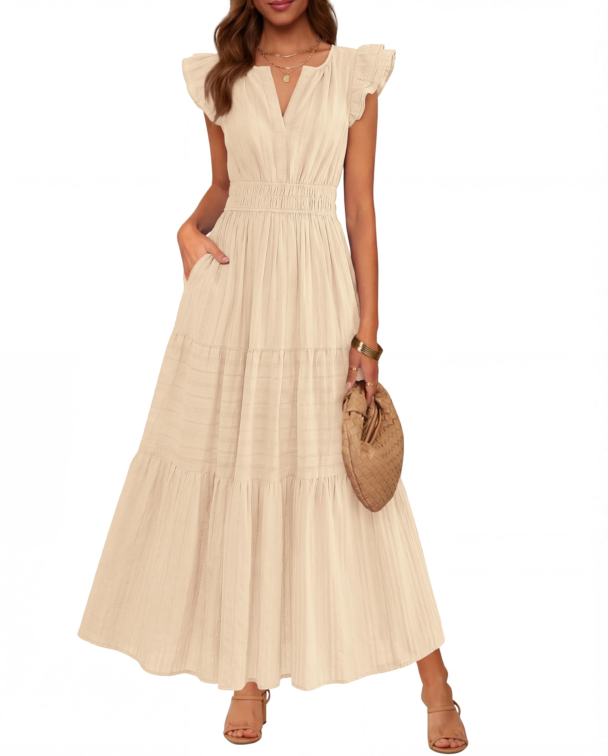 BTFBM Womens Summer Maxi Dress  Spring Boho Vacation Ruffle Flutter Short Sleeve A Line Tiered Flowy Dresses Pockets