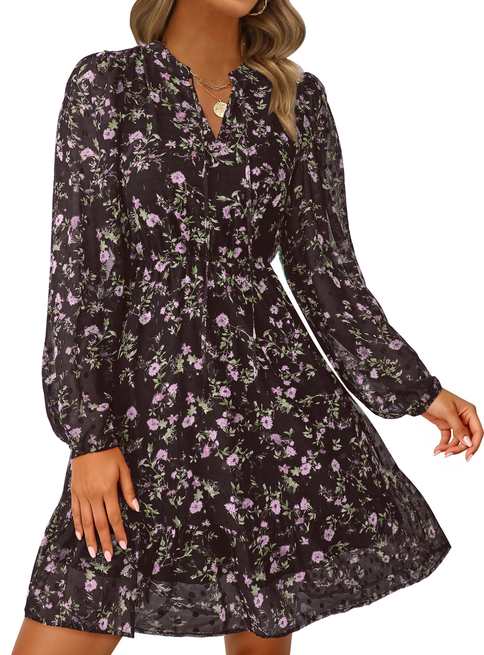 PRETTYGARDEN Women's Fall Boho Dresses  Floral Long Sleeve V Neck Mini Flowy Wedding Guest Dress Trendy Vacation Outfits