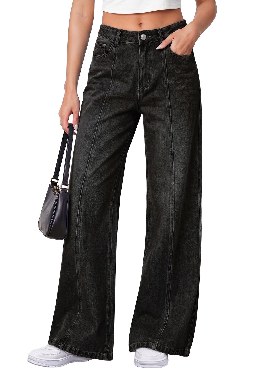 PRETTYGARDEN Women's Wide Leg Jeans High Waisted Stretchy Baggy Seamed Front Denim Palazzo Pants Summer Fashion Clothes