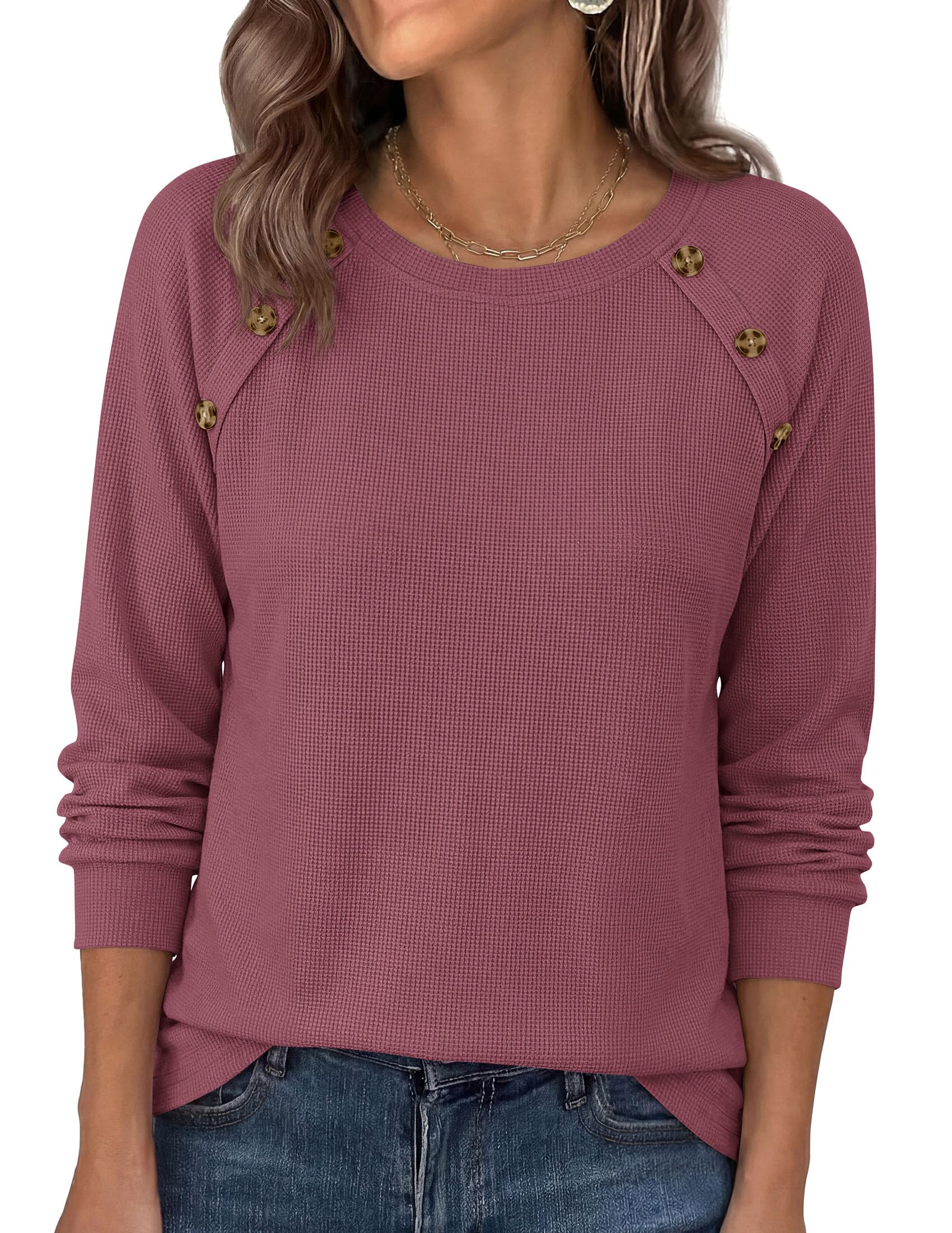 PRETTYGARDEN Long Sleeve Shirts for Women Waffle Knit Tops Fall Fashion Dressy Casual Loose Tunic Blouse Winter Clothing