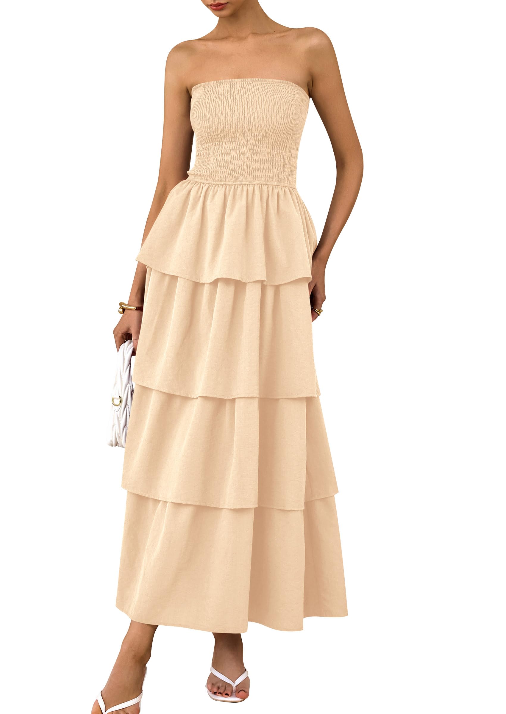 PRETTYGARDEN Maxi Dresses for Women Summer Off Shoulder Smocked Tiered Ruffle Long Flowy Wedding Guest Dress