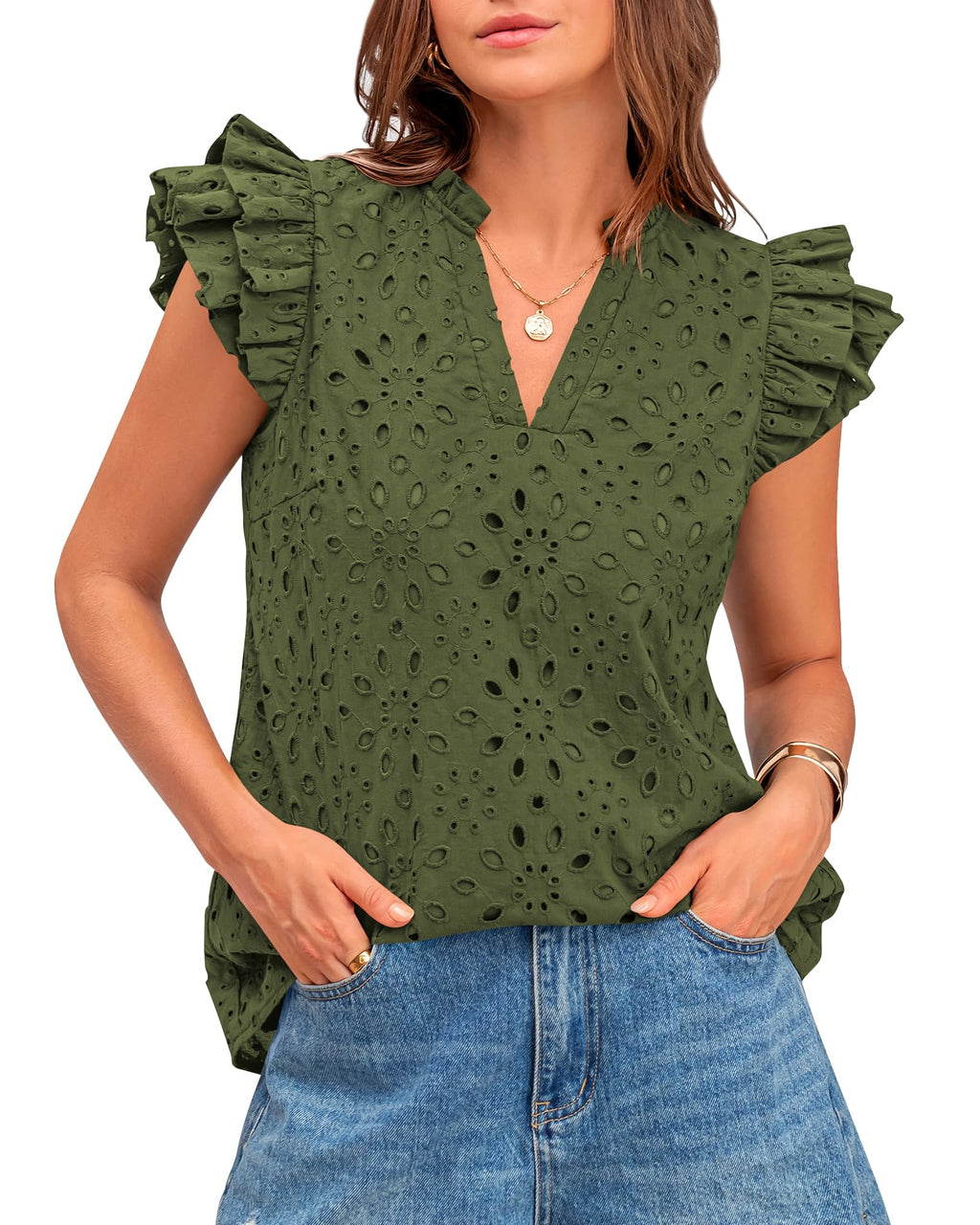 FreshPretty Women Summer Eyelet Tops Dressy Casual V Neck Ruffle Cap Sleeve Cotton Boho Shirts Lace Embroidered Blouses