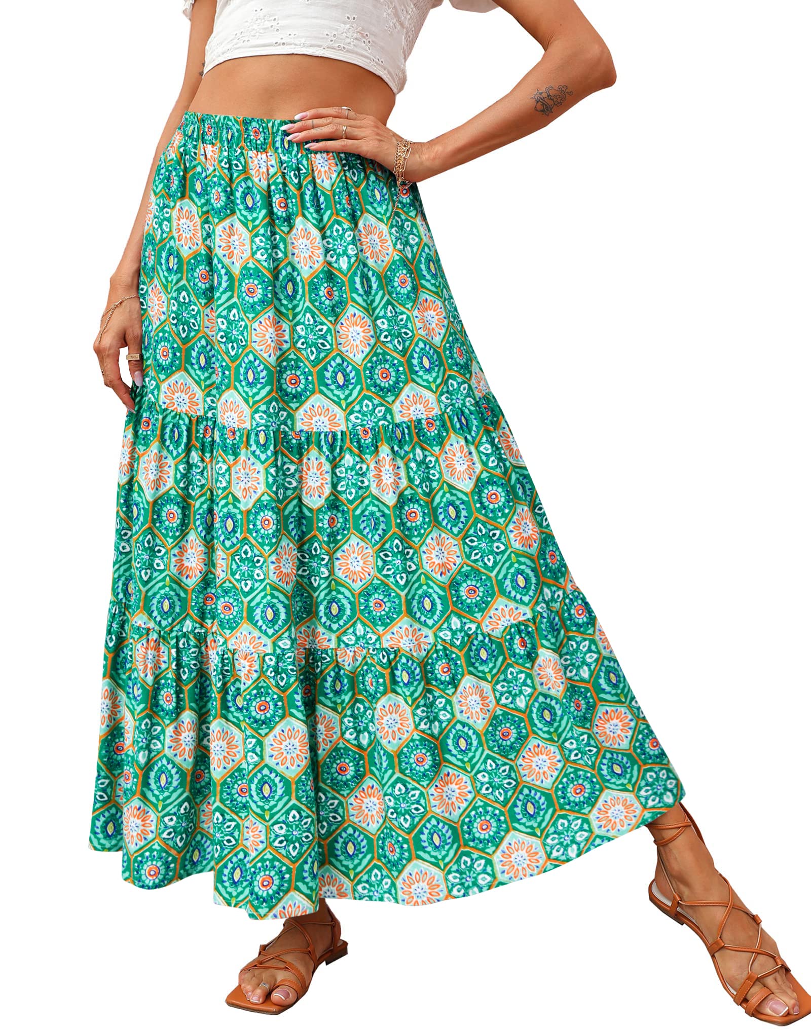 FreshPretty Women Summer Fall Boho Long Skirts Dress Floral Print Elastic Waist Split Ruffle High Low Beach Maxi Skirt