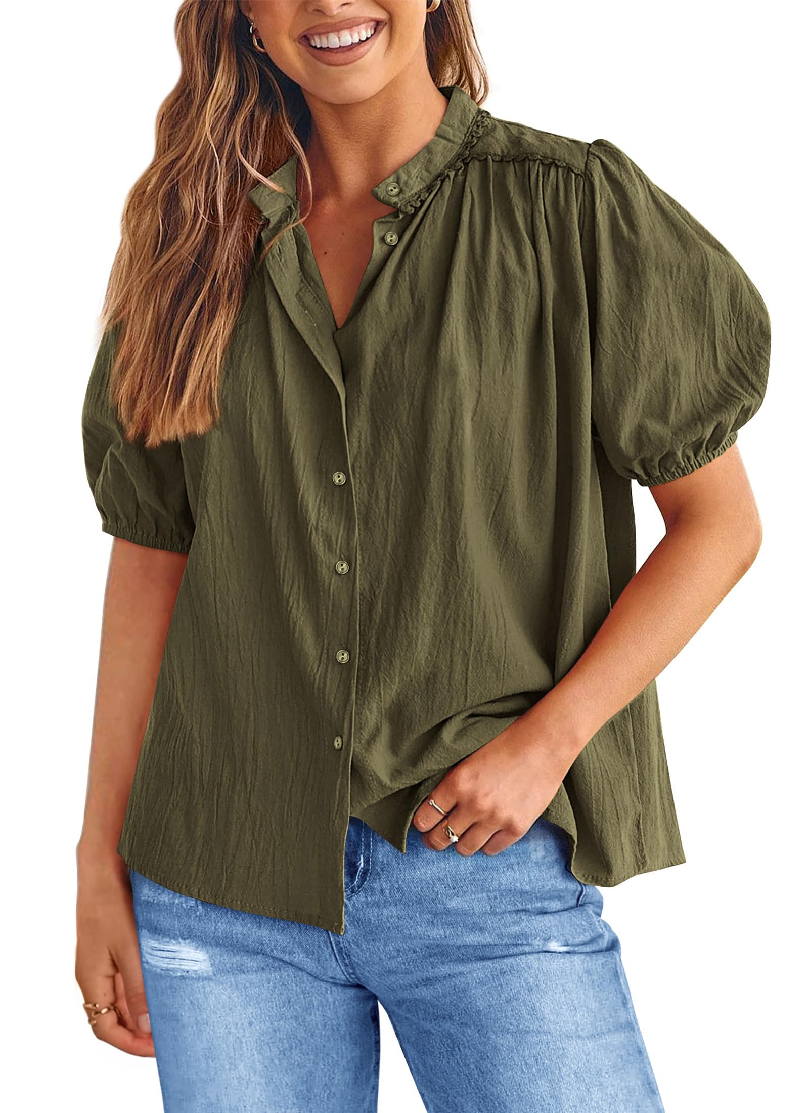 PRETTYGARDEN Women's Summer Button Down Shirts Short Lantern Sleeve V Neck Cotton Cute Dressy Casual Ladies Tops Blouses