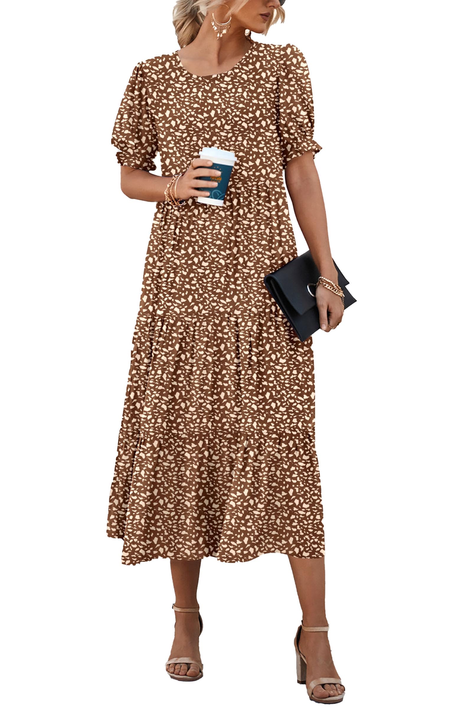 PRETTYGARDEN Summer Dresses for Women Casual Floral Boho Midi Sun Dress Puff Short Sleeve Flowy Beach Vacation Sundress