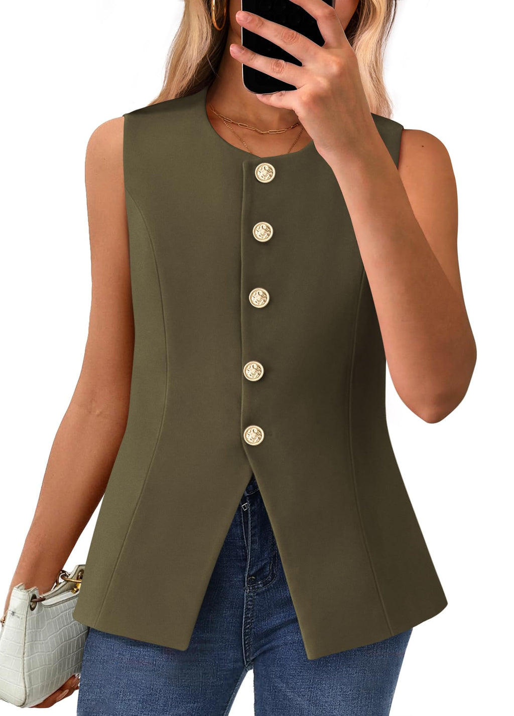 BTFBM Summer Sleeveless Blazer Vest For Women Dressy Button Down Round Neck Business Casual Outfits Work Suit Vests Tops