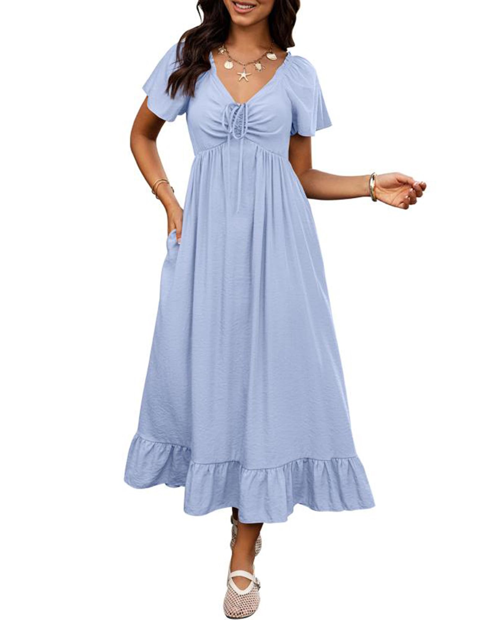 BTFBM Womens Spring Dresses Casual Short Sleeve V Neck Drawstring Wedding Guest Maxi Dresses Boho Beach Long Dress