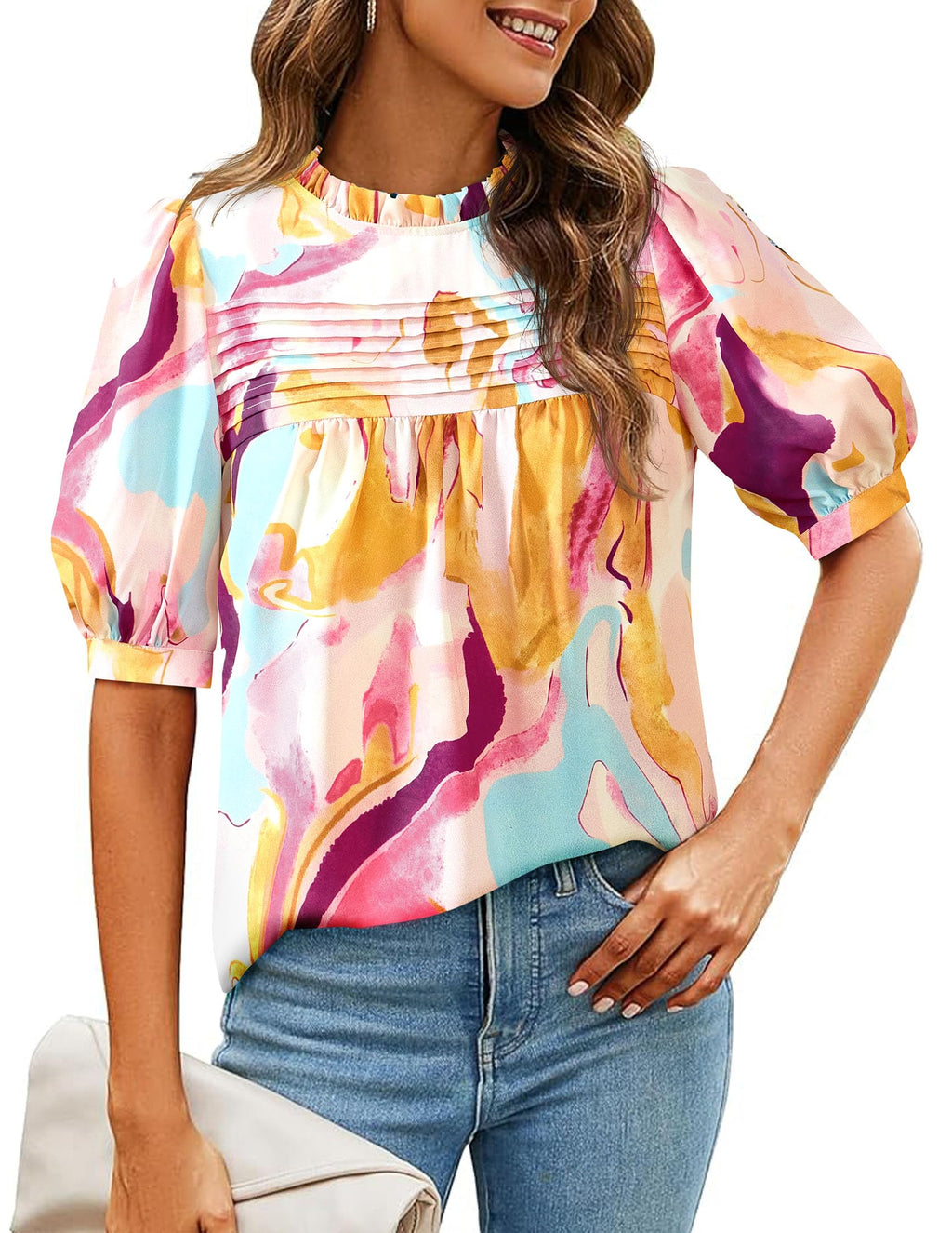 PRETTYGARDEN Floral Tops for Women Blouses Dressy Casual Summer Trendy Outfits Boho Pleated Short Sleeve Shirts