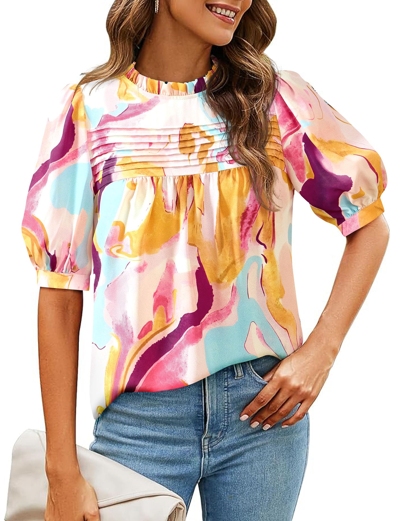 PRETTYGARDEN Floral Tops for Women Blouses Dressy Casual Summer Trendy Outfits Boho Pleated Short Sleeve Shirts