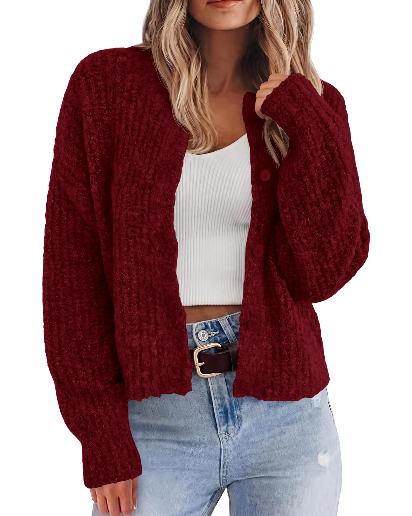 BTFBM Cardigan Sweaters for Women Fall Long Sleeve Button Down Soft Loose Chunky Knit Outwear Cropped Winter Coats