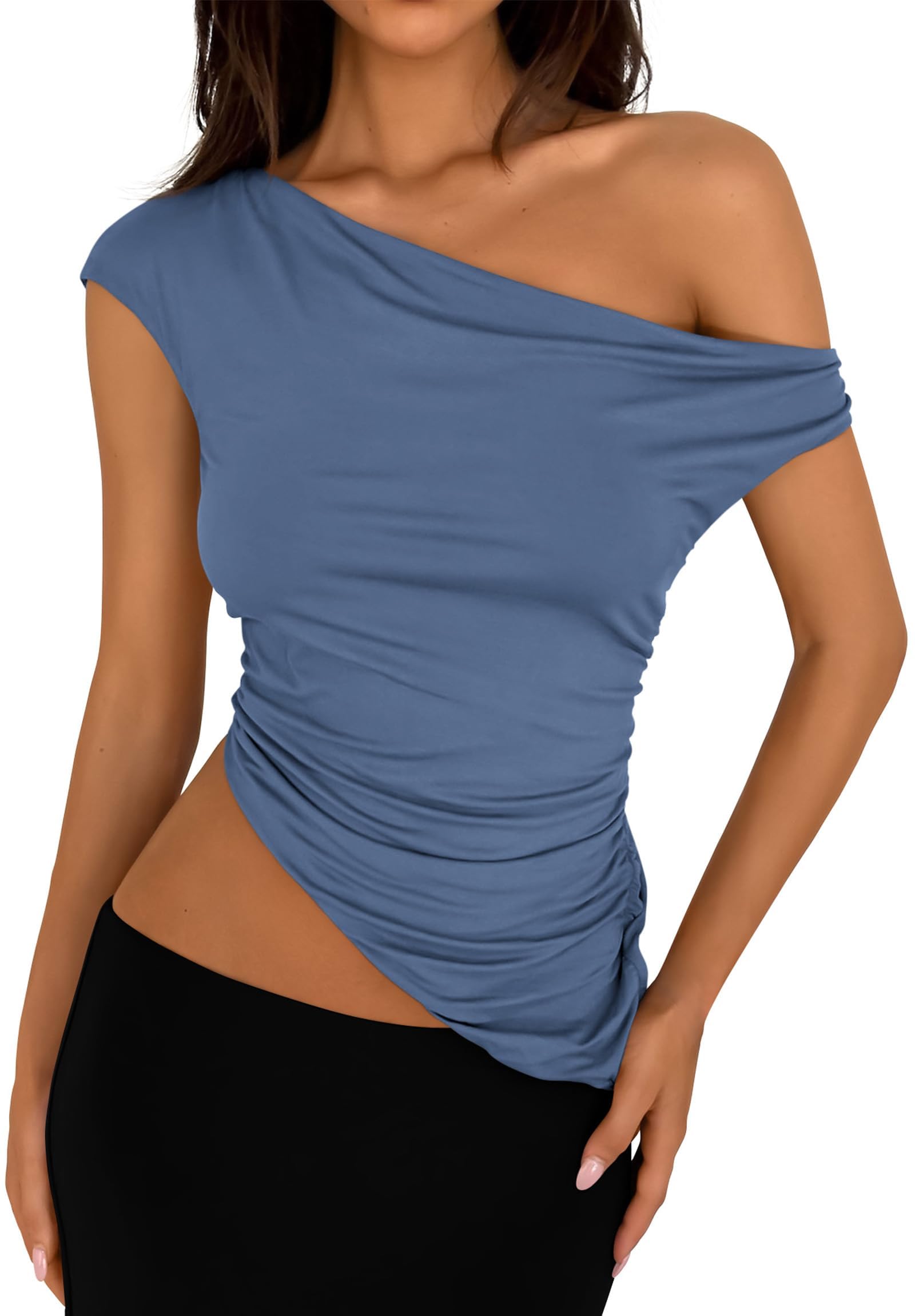 PRETTYGARDEN Womens Summer Off The Shoulder Crop Tops Sleeveless One Shoulder Ruched Asymmetrical Y2K Going Out Tank Top