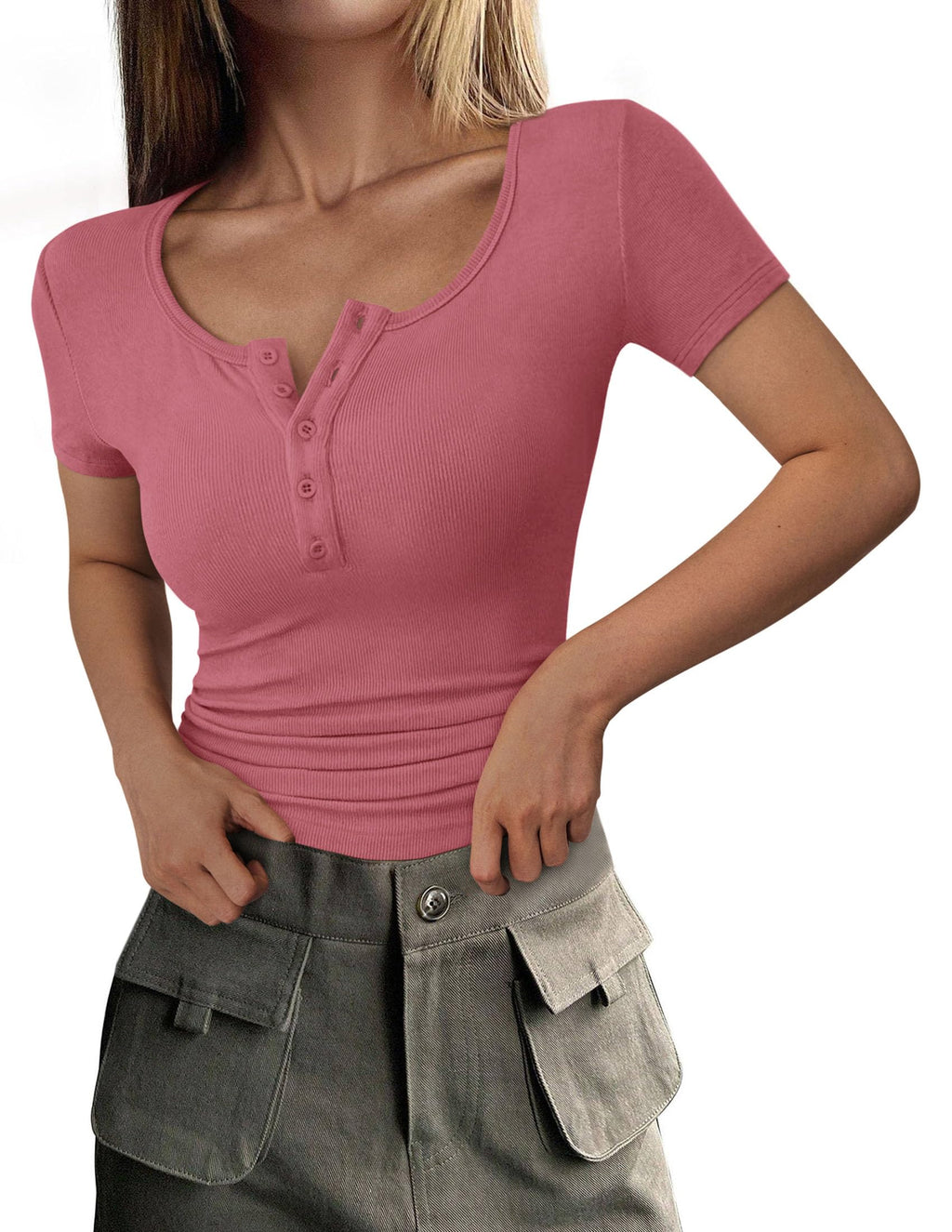 PRETTYGARDEN Women's  Fall Summer Short Sleeve Tops Ribbed Henley Button Slim Fit Basic Casual T Shirts Blouse Clothing