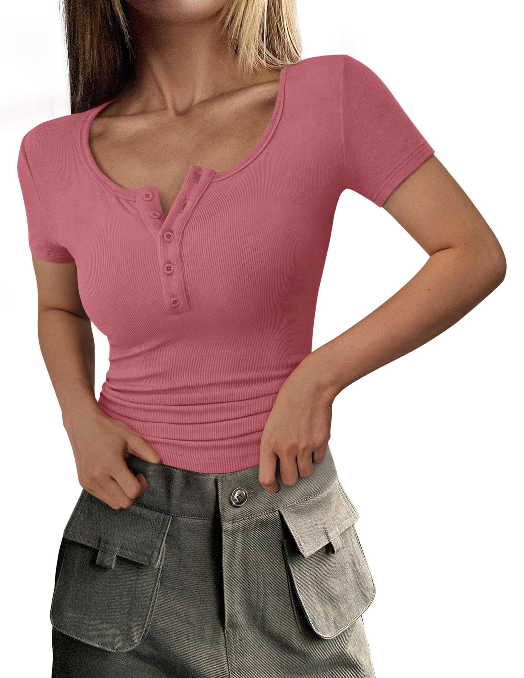 PRETTYGARDEN Women's  Fall Summer Short Sleeve Tops Ribbed Henley Button Slim Fit Basic Casual T Shirts Blouse Clothing