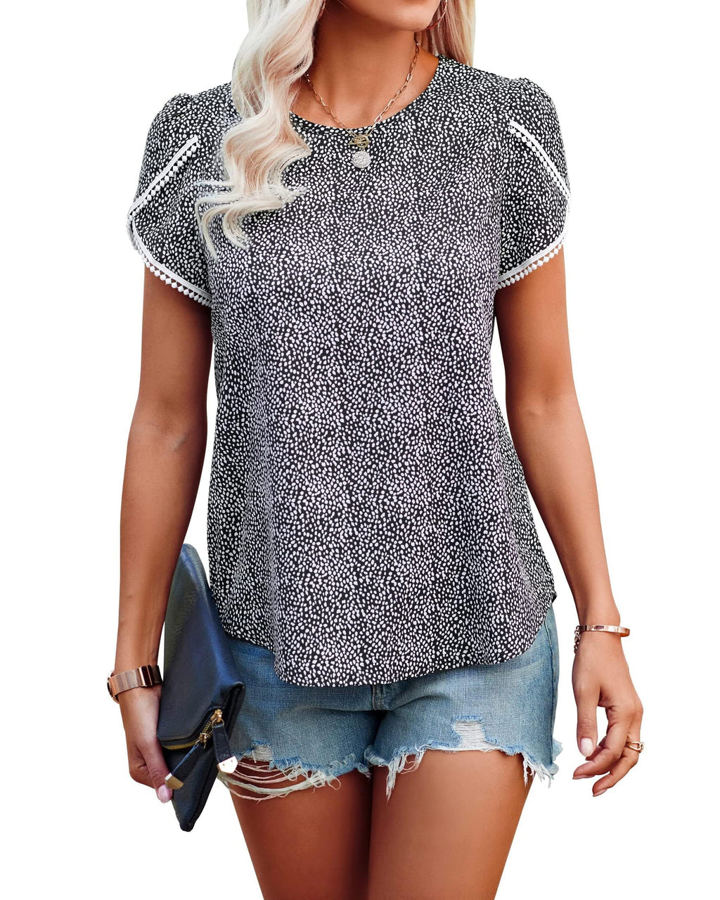PRETTYGARDEN Womens Summer Tops Casual Ruffle Short Sleeve Crewneck Shirts Loose Basic Work Blouses Spring Outfits