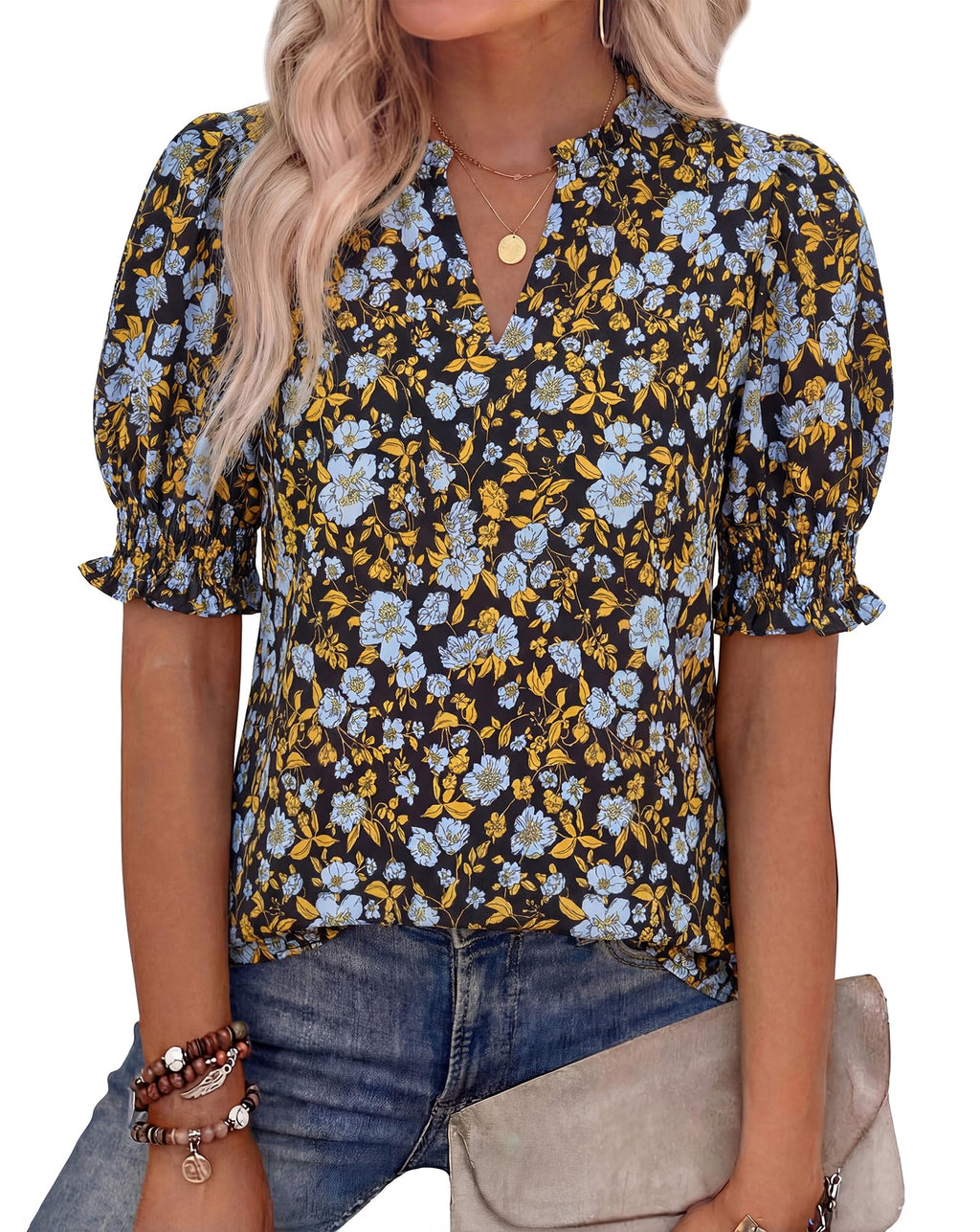 BTFBM Summer Blouses for Women Dressy Casual Fashion Spring Tops Floral Boho V Neck Puff Short Sleeve Top Shirts