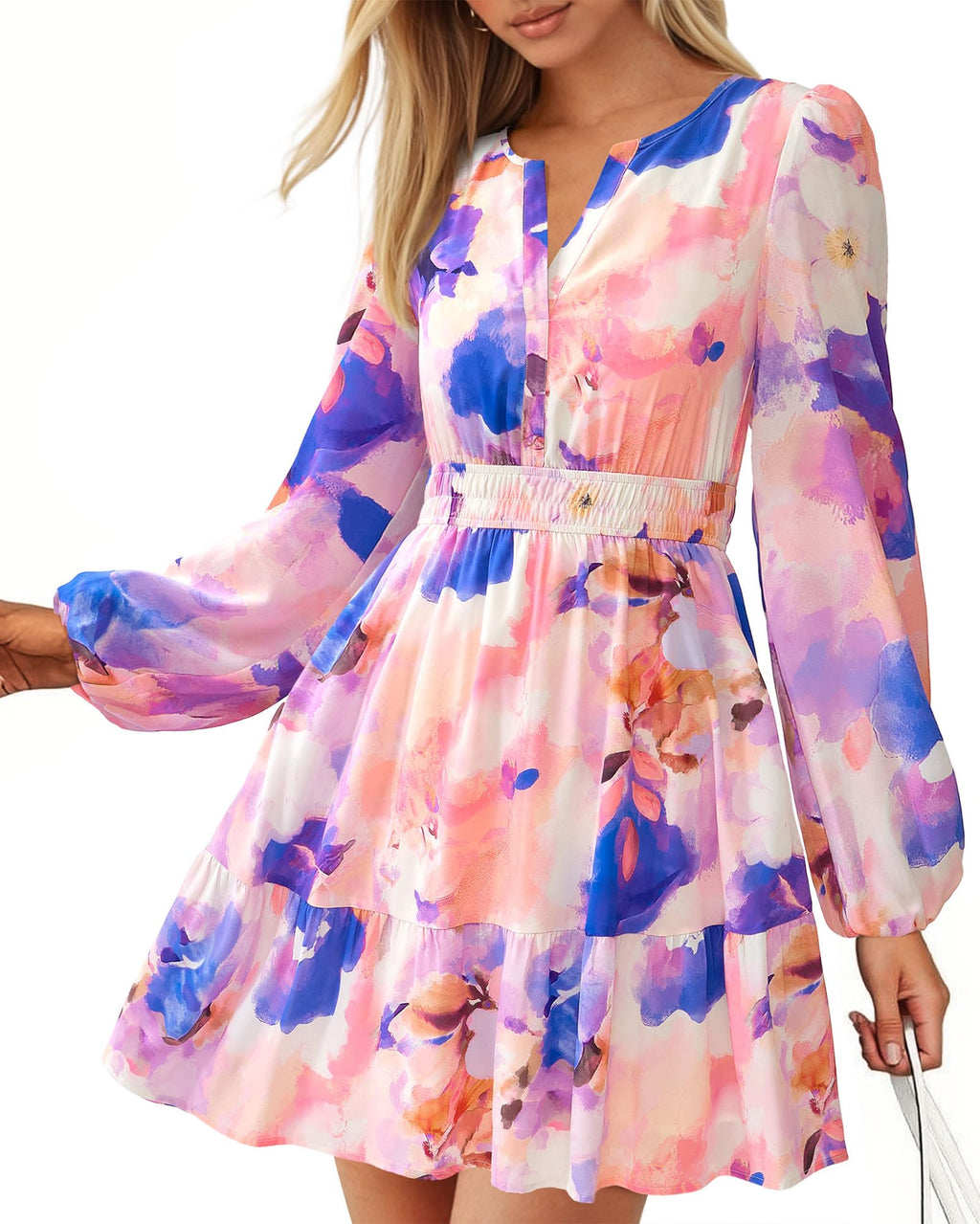 BTFBM Spring Dresses for Women Mini Long Sleeve Elastic Waist Summer Vacation Outfits Floral Wedding Guest Dress