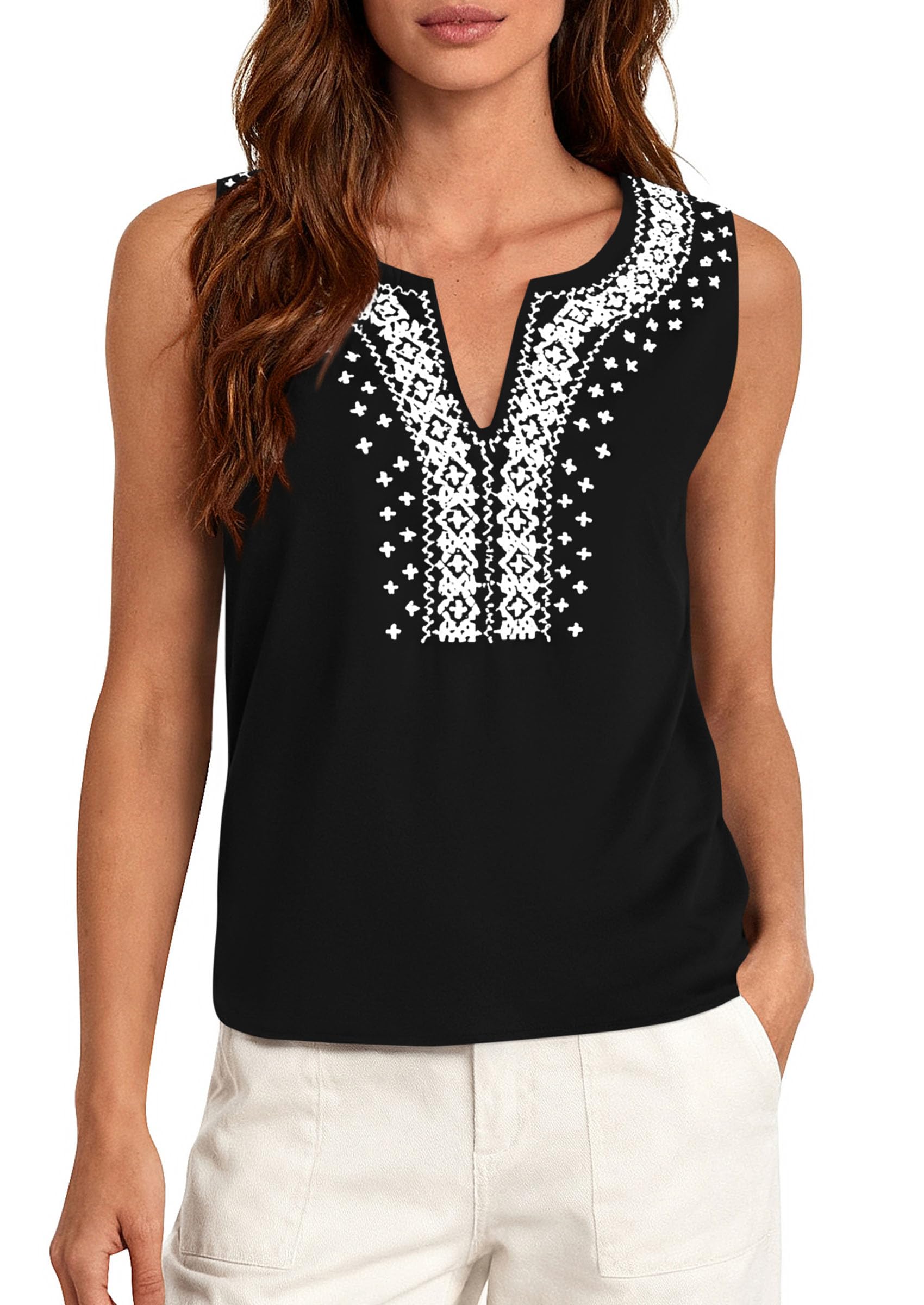 PRETTYGARDEN Womens Tank Tops Summer Causal V Neck Sleeveless Shirts Floral Print Embroidered Beach Vacation Boho Top