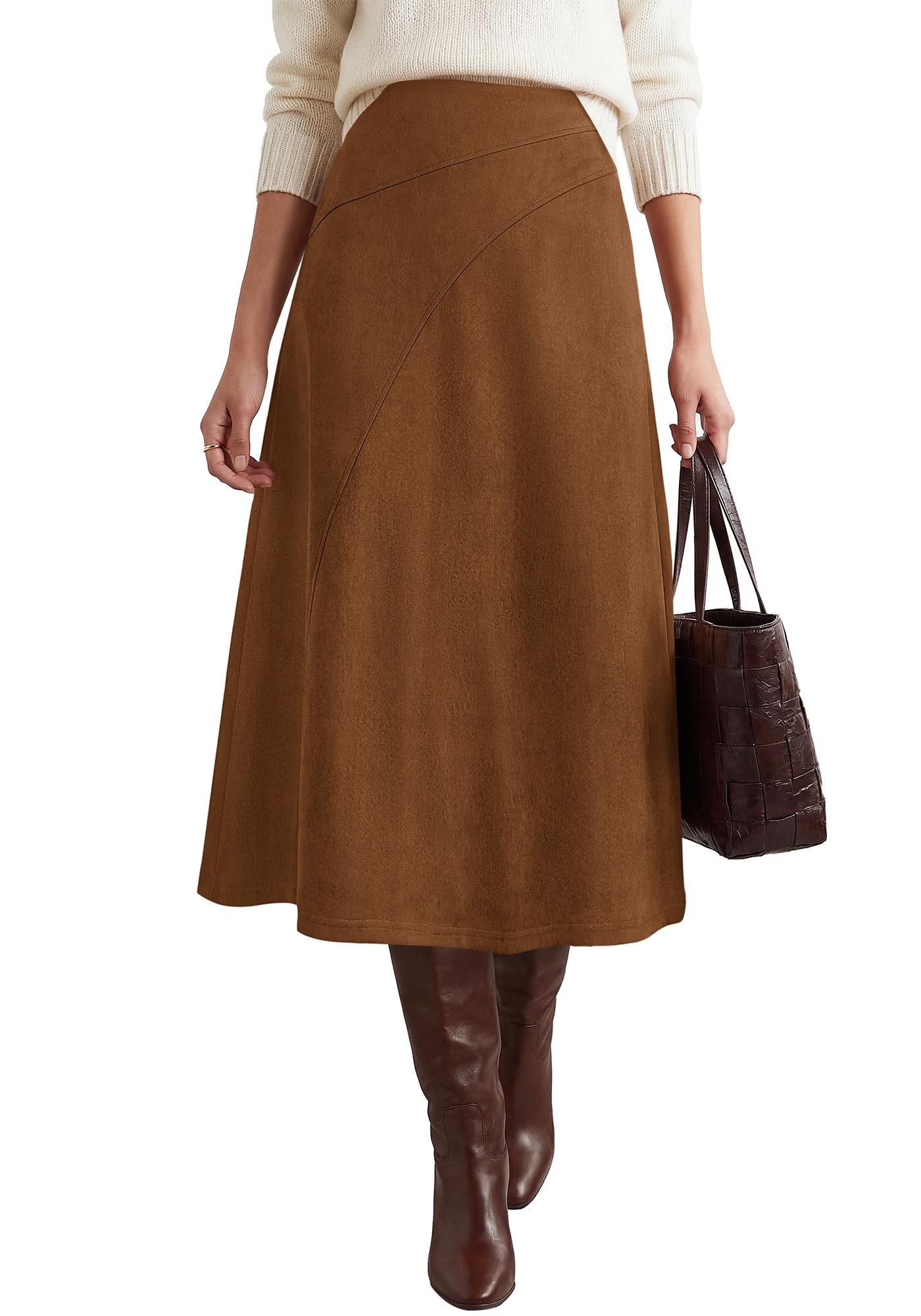 BTFBM Women Faux Suede Midi Long Skirt Fall Fashion | High Waisted Skirts For Women Trendy, Lightweight, Back Elastic, Arc Line Design, A-Line, Winter Dress, Boho Western Outfits