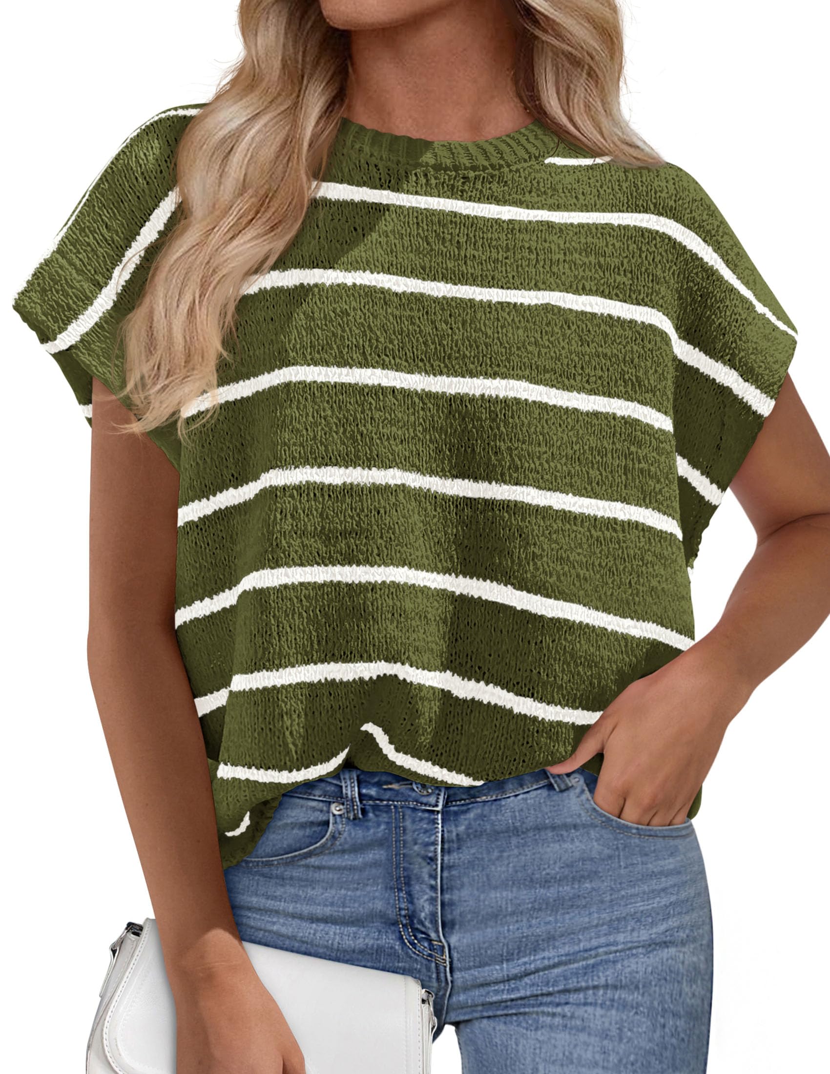 PRETTYGARDEN Womens Summer Short Sleeve Tops Trendy Crew Neck Striped Knit Sweater Business Casual Spring Clothes