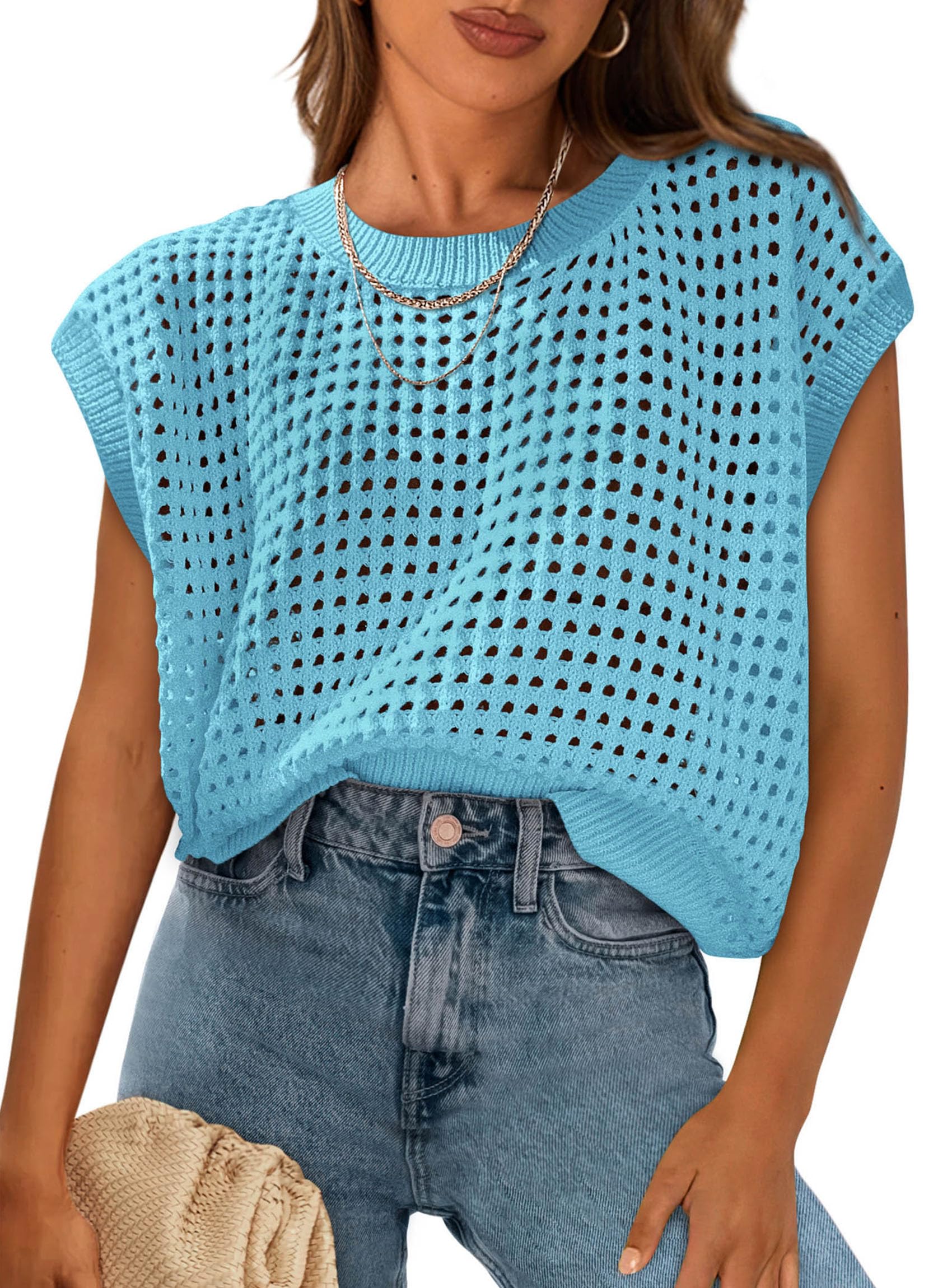 PRETTYGARDEN Womens Spring Tops Summer Shirts Crochet Cap Sleeve Sweater Pullover Cute Beach Vacation Clothes