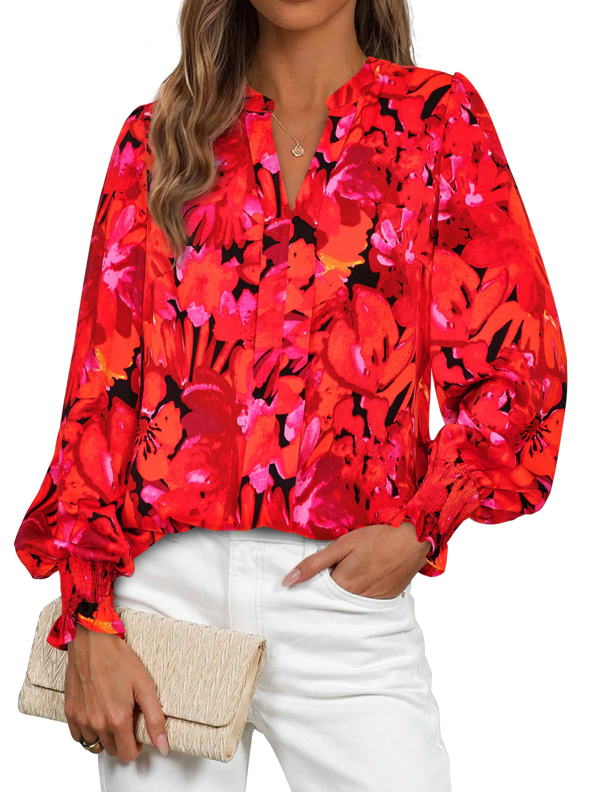 FreshPretty Womens Boho Floral Long Sleeve Tops Fall Fashion V Neck Loose Chiffon Work Blouses Dressy Casual Ruffle Shirts