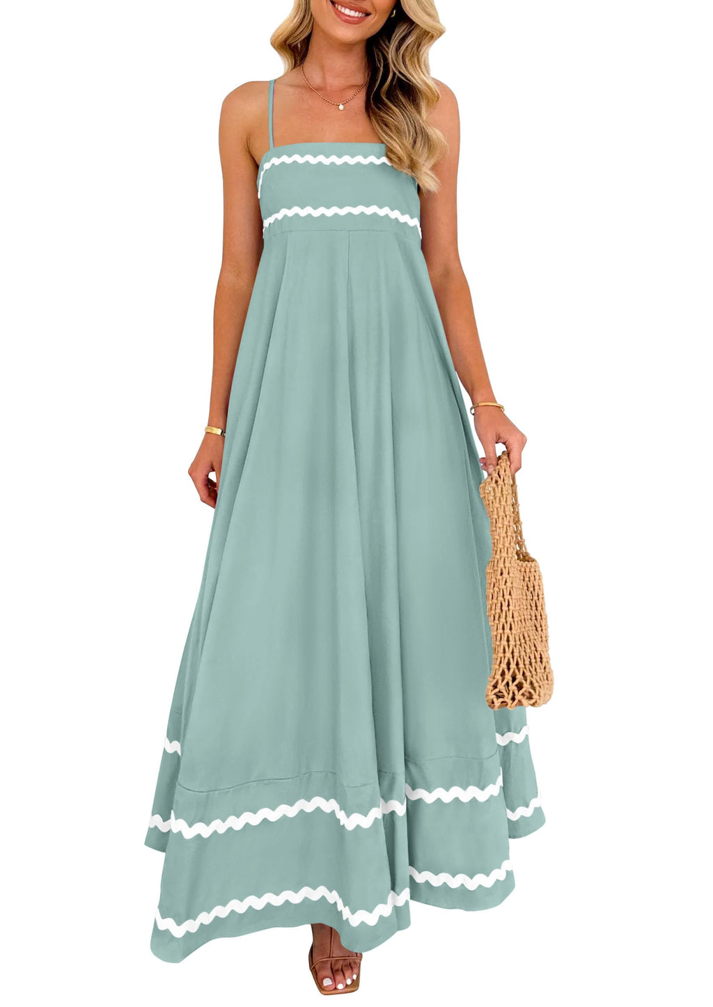 PRETTYGARDEN Women's Summer Flowy Maxi Dress Casual Sleeveless Spaghetti Strap Ruffle Beach Long Dresses