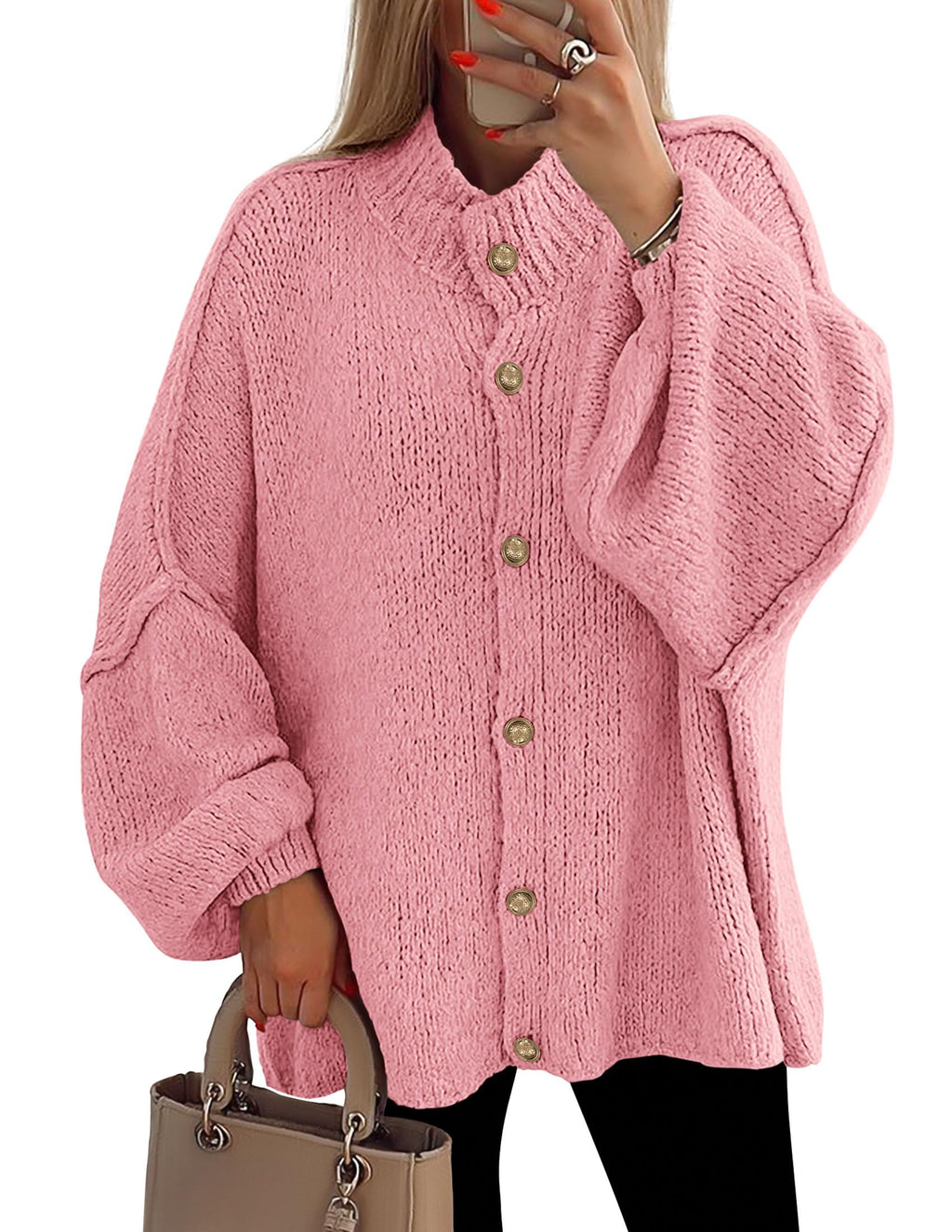 PRETTYGARDEN Women's Winter Button Down Cardigan Sweaters Mock Neck Lantern Long Sleeve Chunky Knit Jacket Trendy Outerwear