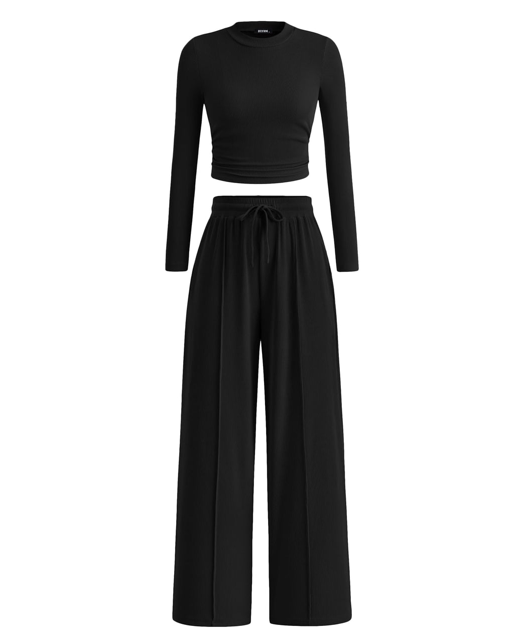 BTFBM Casual 2 Piece Sets For Women Fall Outfits Ribbed Spring Long Sleeve Crop Top Wide Leg Pants Matching Lounge Set