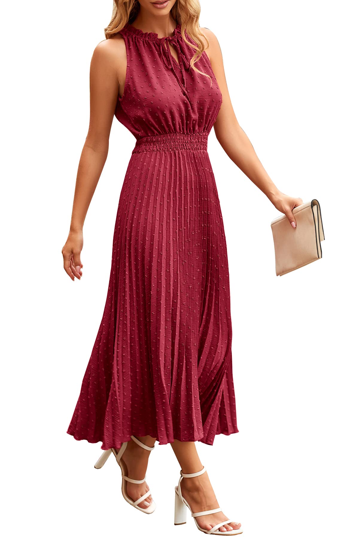 PRETTYGARDEN Women's Midi Summer Dresses Casual V Neck Swiss Dot Ruffle Sleeveless A Line Beach Sun Dress