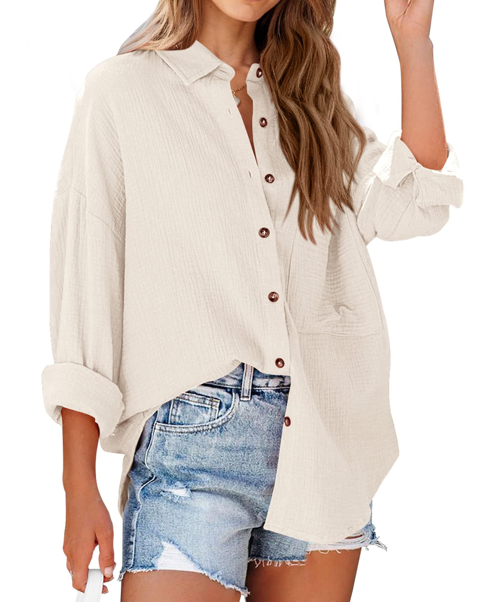 FreshPretty Casual Shirts for Women Long Sleeve Button Down Blouses Fall Solid Color Trendy Tops with Pocket