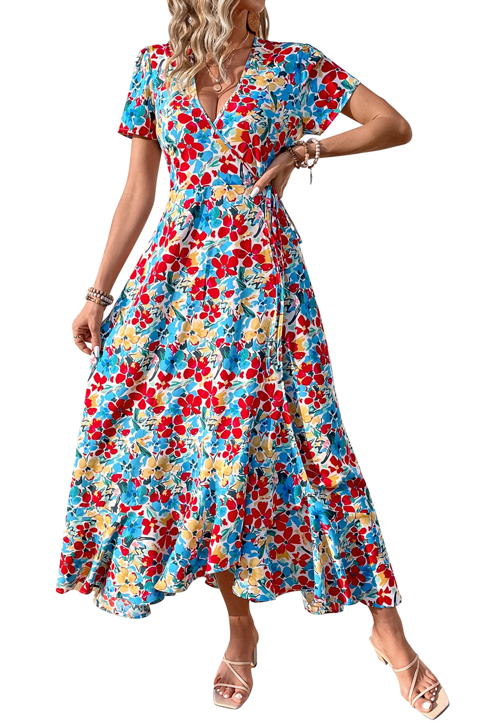 PRETTYGARDEN Women's Summer Maxi Dress Casual Wrap Floral Boho Short Sleeve V Neck Split Ruffle Beach Long Dresses
