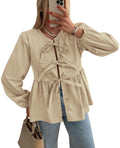 PRETTYGARDEN Women's Spring Fall Babydoll Peplum Blouse Shirt Puff Long Sleeve Bow Tie Front Trendy Cute Y2K Going Out Tops