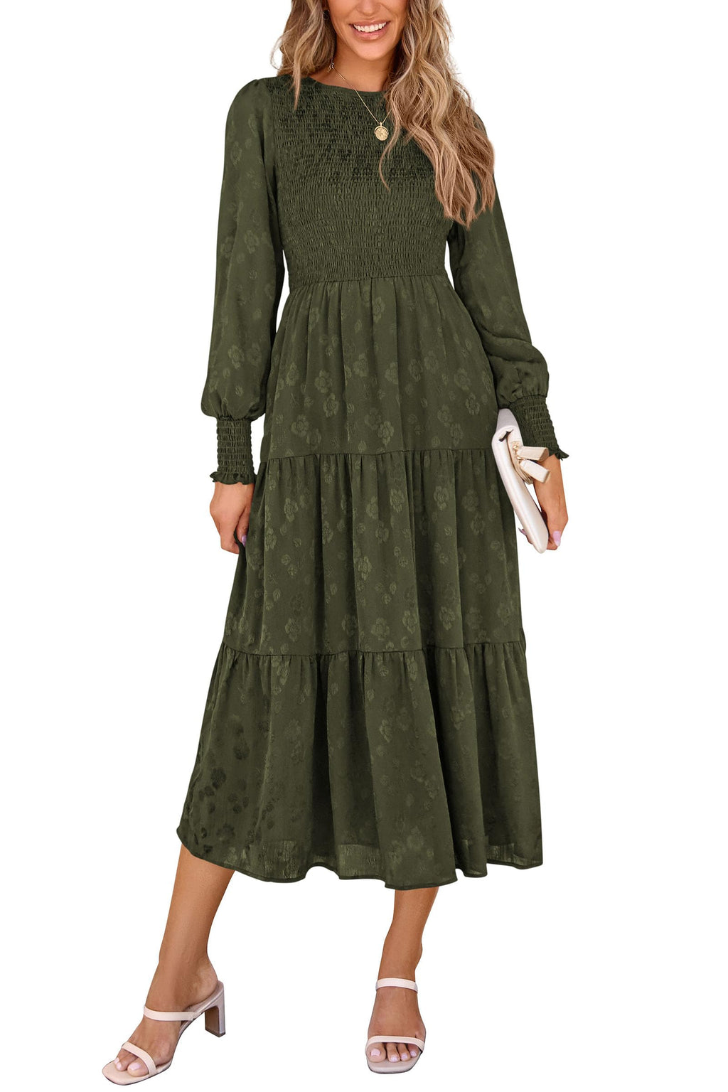 PRETTYGARDEN Women's Fall Spring Midi Dress Long Sleeve Floral Smocked Elegant Wedding Guest Long Flowy Dresses with Pockets