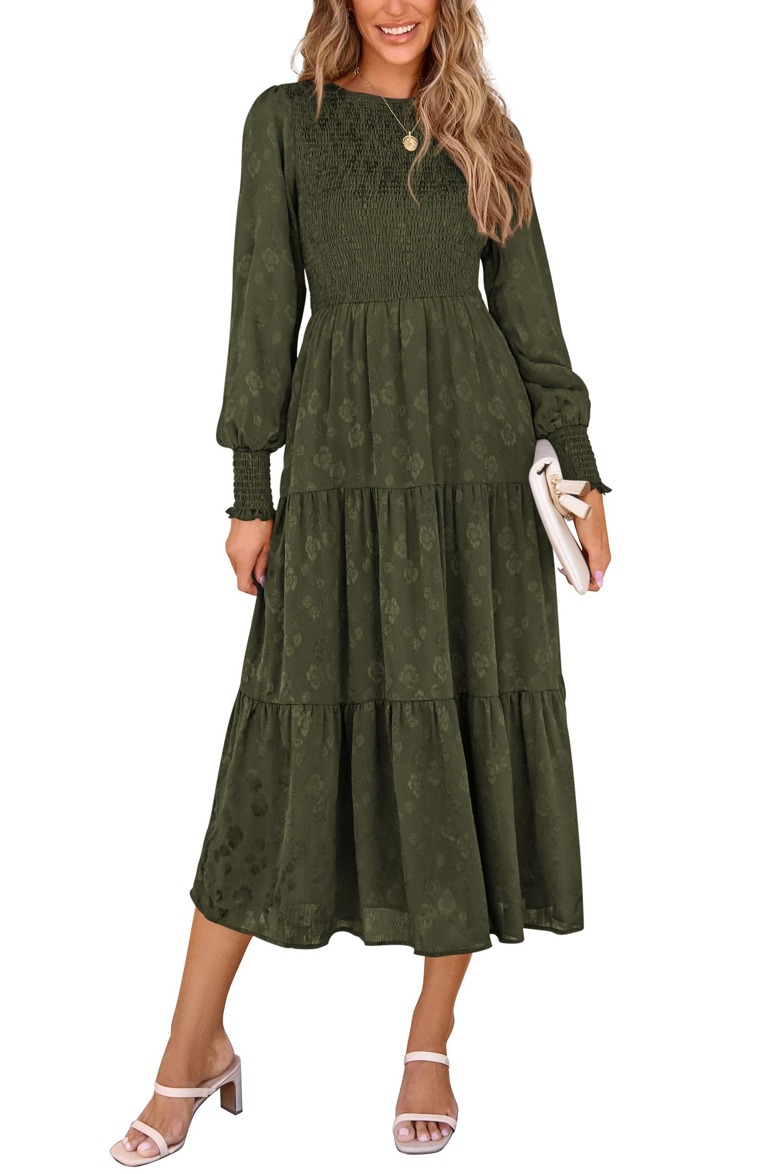 PRETTYGARDEN Women's Fall Spring Midi Dress Long Sleeve Floral Smocked Elegant Wedding Guest Long Flowy Dresses with Pockets