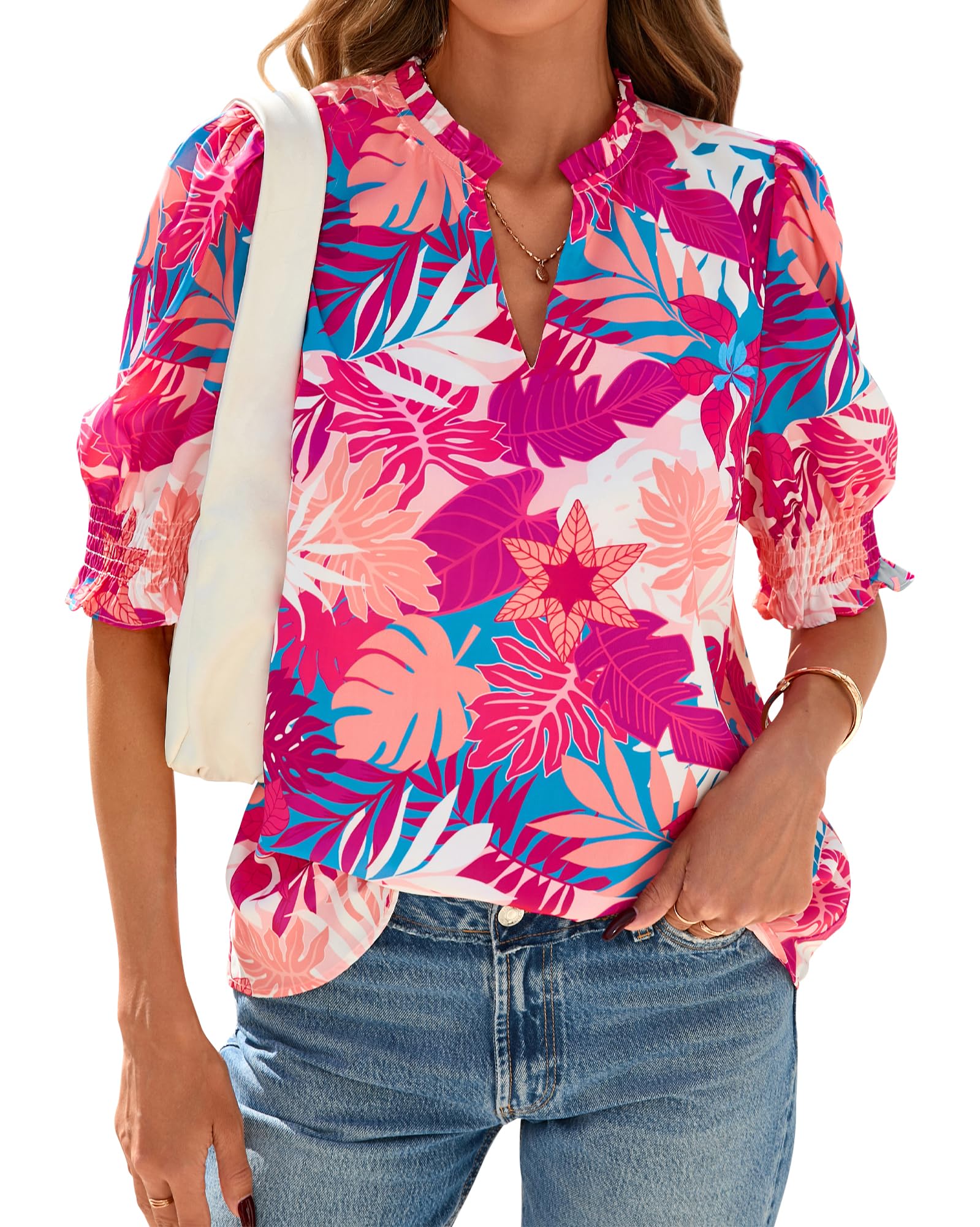 FreshPretty Summer Blouses for Women Dressy Casual  Fashion Spring Tops Floral Boho V Neck Puff Short Sleeve Top Shirts