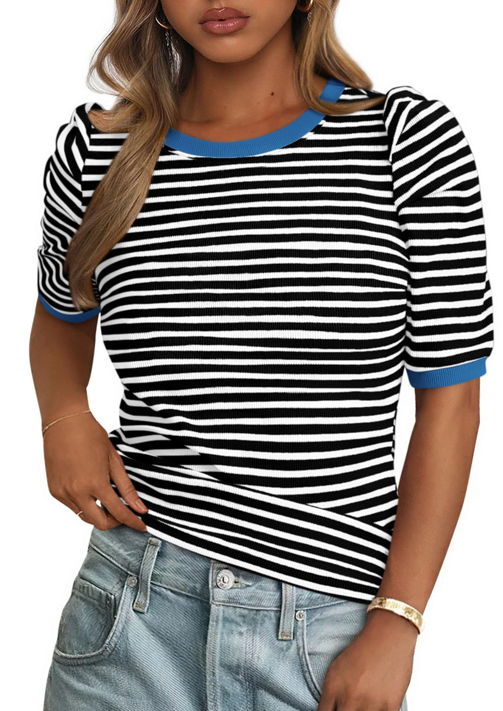 PRETTYGARDEN Women's Summer Puff Sleeve Tops Casual Ribbed Knit Crop Top Color Block Trendy Crewneck Striped Shirts