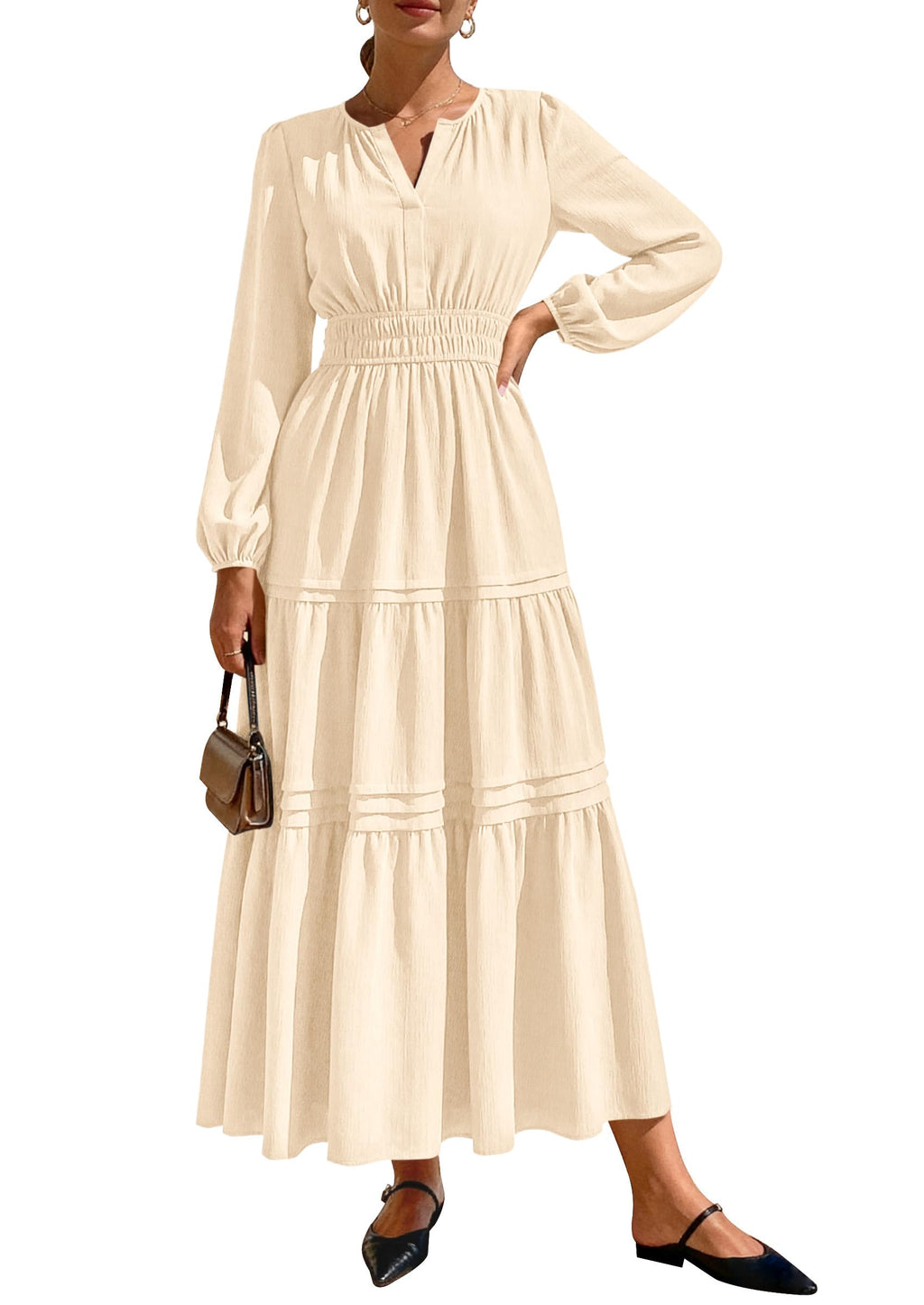 PRETTYGARDEN Women's Elegant Maxi Dresses Long Sleeve V Neck Flowy Pockets Casual Modest Dress Fall Fashion Clothes