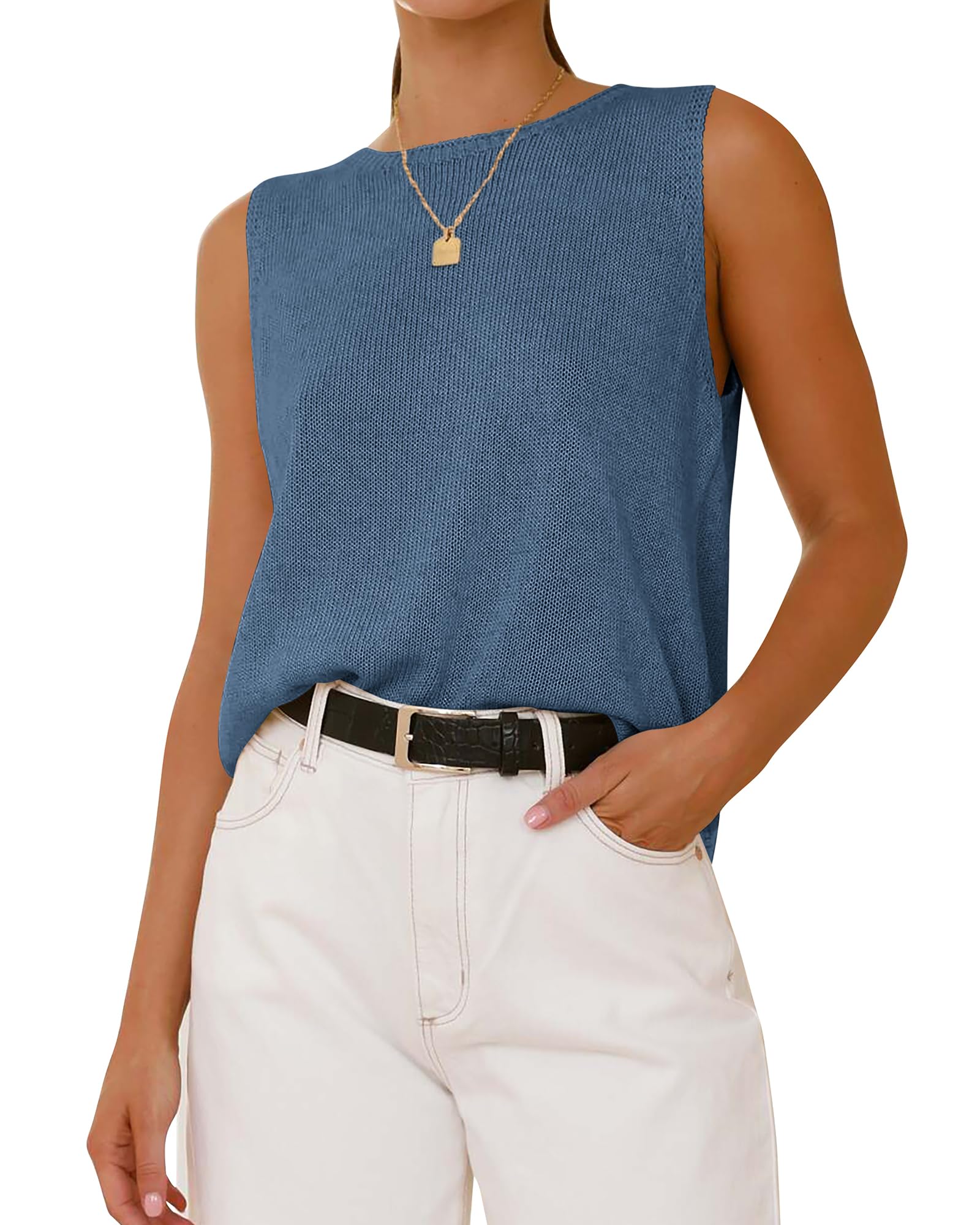 FreshPretty Women's Sleeveless Sweater Vest Summer Crew Neck Ribbed Knit Lightweight Pullover Casual Loose Fit Tank Tops