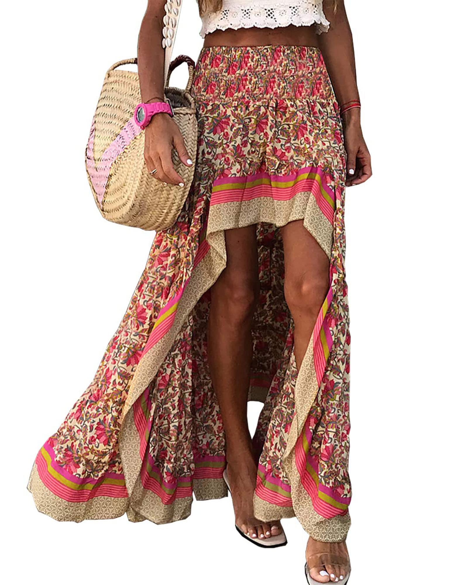 FreshPretty Women Summer Fall Boho Long Skirts Dress Floral Print Elastic Waist Split Ruffle High Low Beach Maxi Skirt