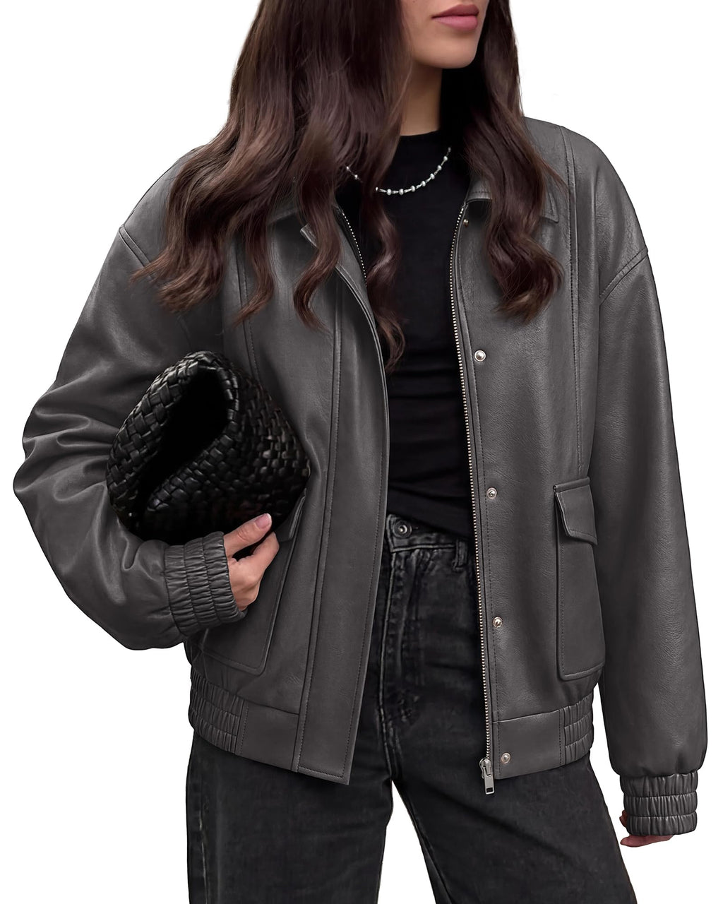 BTFBM Faux Leather Jacket Women Fall Clothes Long Sleeve, Bomber Jackets, Snaps, Pockets, Oversized, Zip Up Motorcycle Outerwear, Airport, Going Out Outfits, Winter Coat