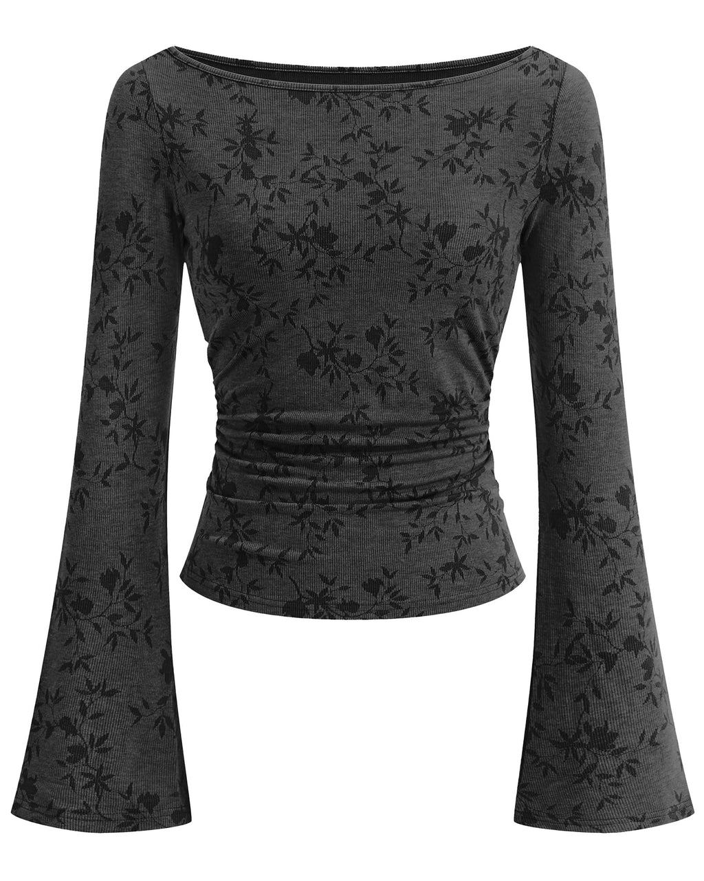 BTFBM Womens Bell Long Sleeve Boat Neck Floral Ribbed Knit Tops Stretchy Crop Tops for Women Trendy, Casual Y2K Going Out Top,Ruched Slim Fit Cute T Shirt,Fall Outfits,Fashion Clothing