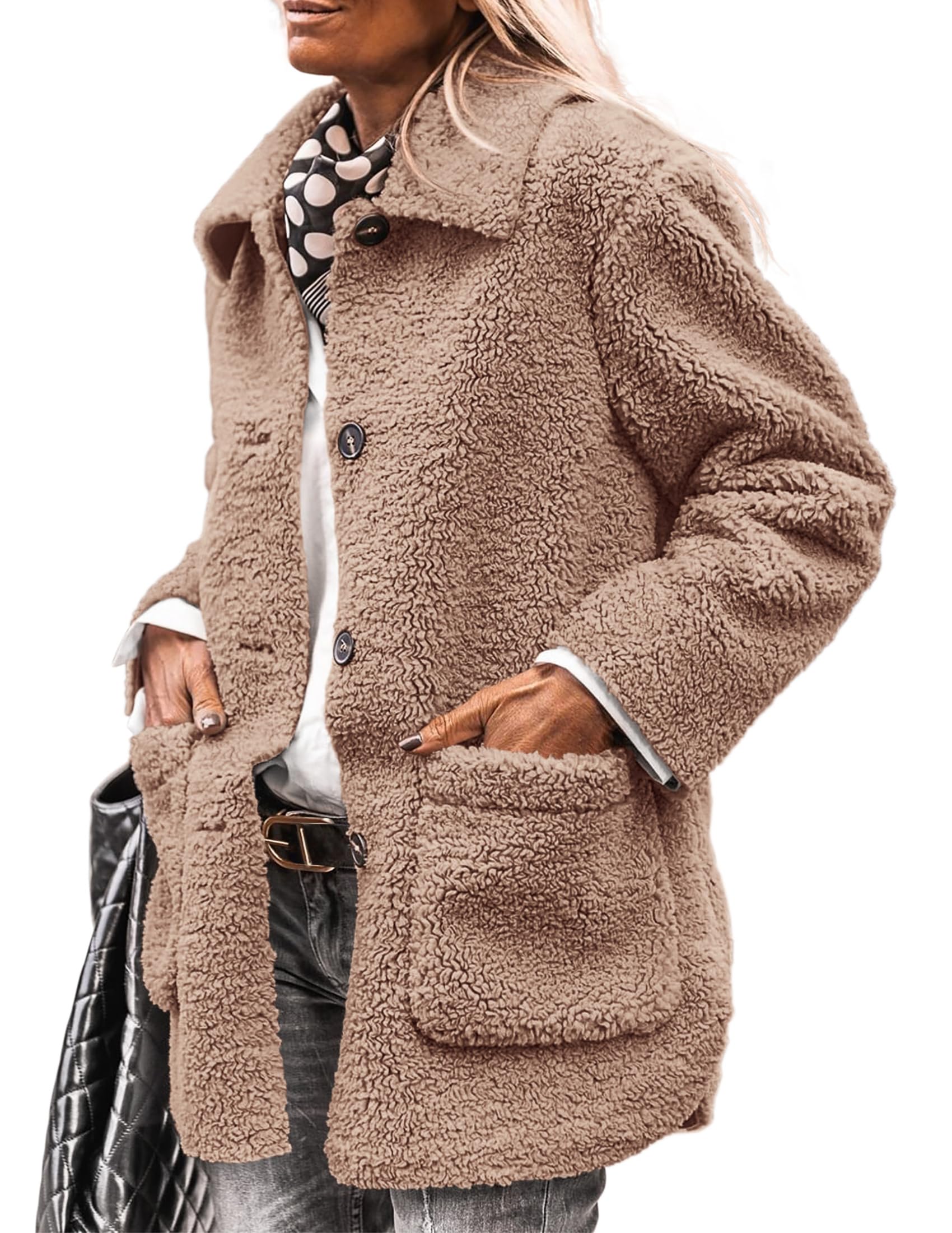 PRETTYGARDEN Women's Winter Faux Fur Coats Long Sleeve Lapel Button Down Pockets Fleece Sherpa Jacket Casual Trendy Outerwear