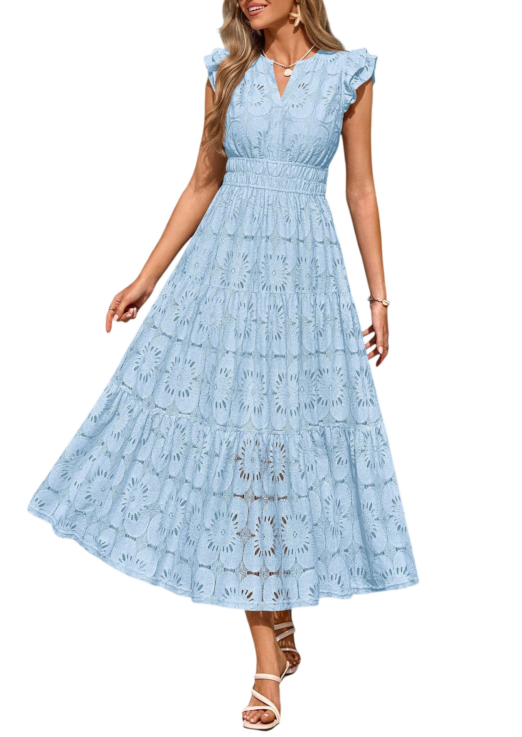 PRETTYGARDEN Womens Boho Maxi Dresses Summer Floral Lace Eyelet V Neck Spring Wedding Guest Dress Beach Vacation Clothes