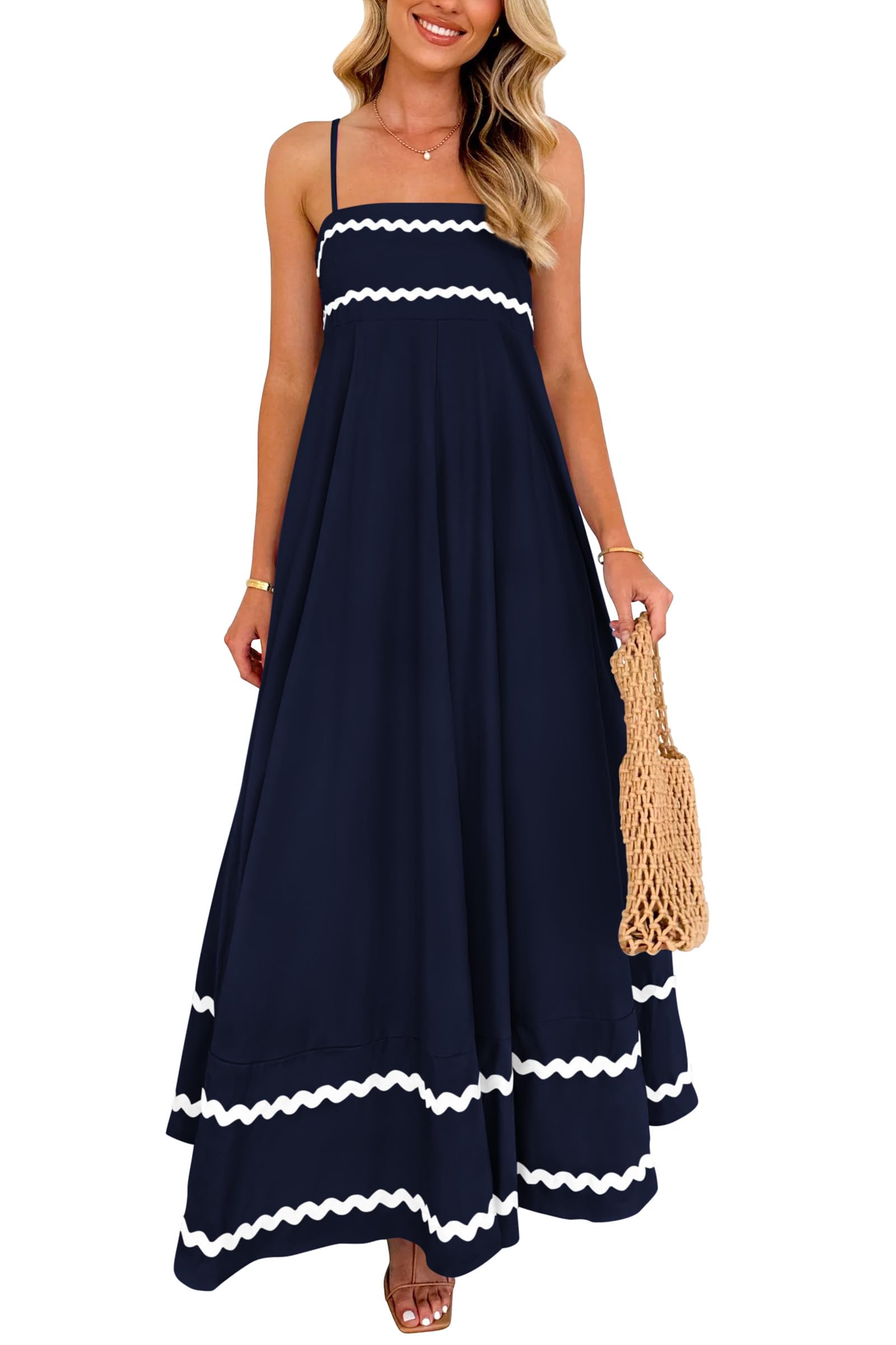 PRETTYGARDEN Women's Summer Flowy Maxi Dress Casual Sleeveless Spaghetti Strap Ruffle Beach Long Dresses