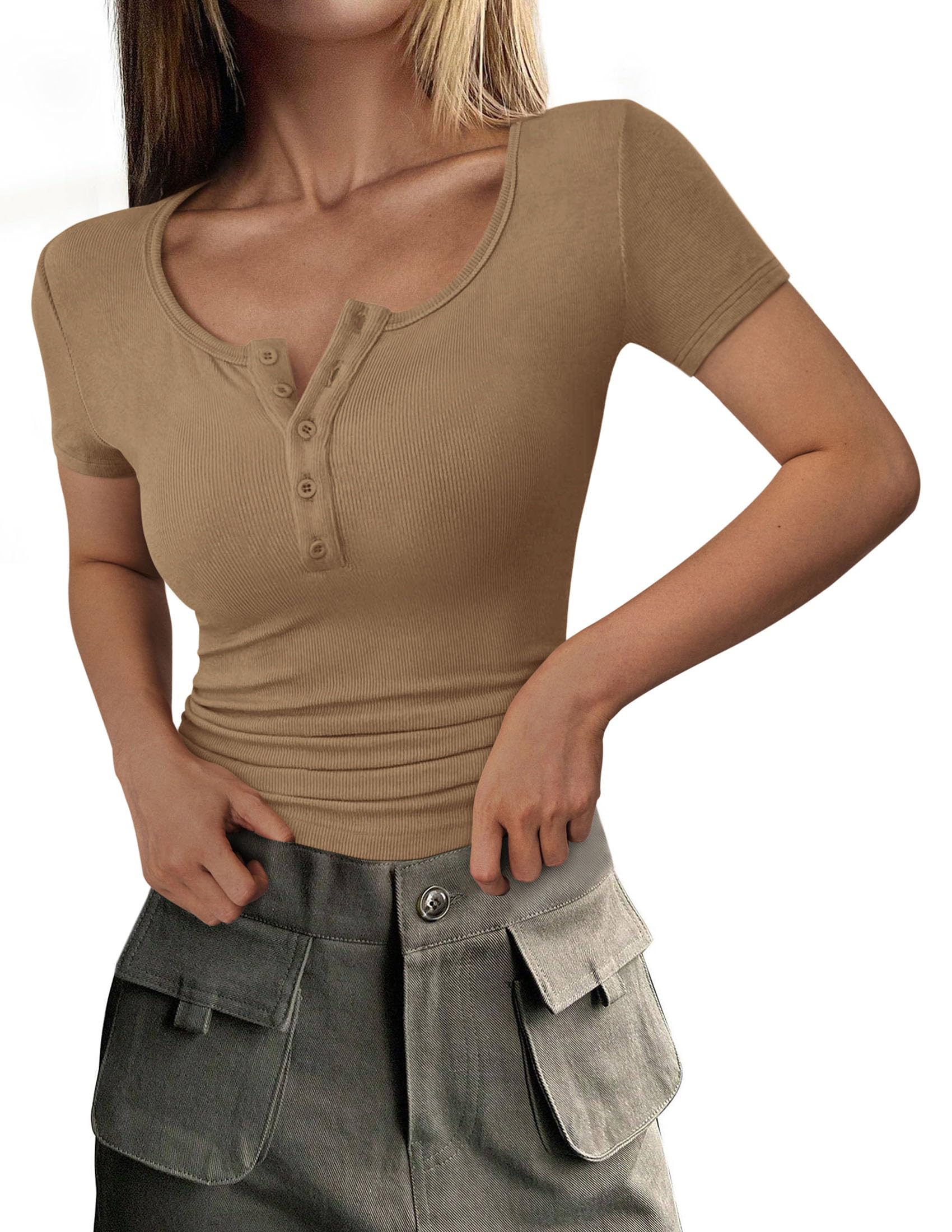 PRETTYGARDEN Women's  Fall Summer Short Sleeve Tops Ribbed Henley Button Slim Fit Basic Casual T Shirts Blouse Clothing
