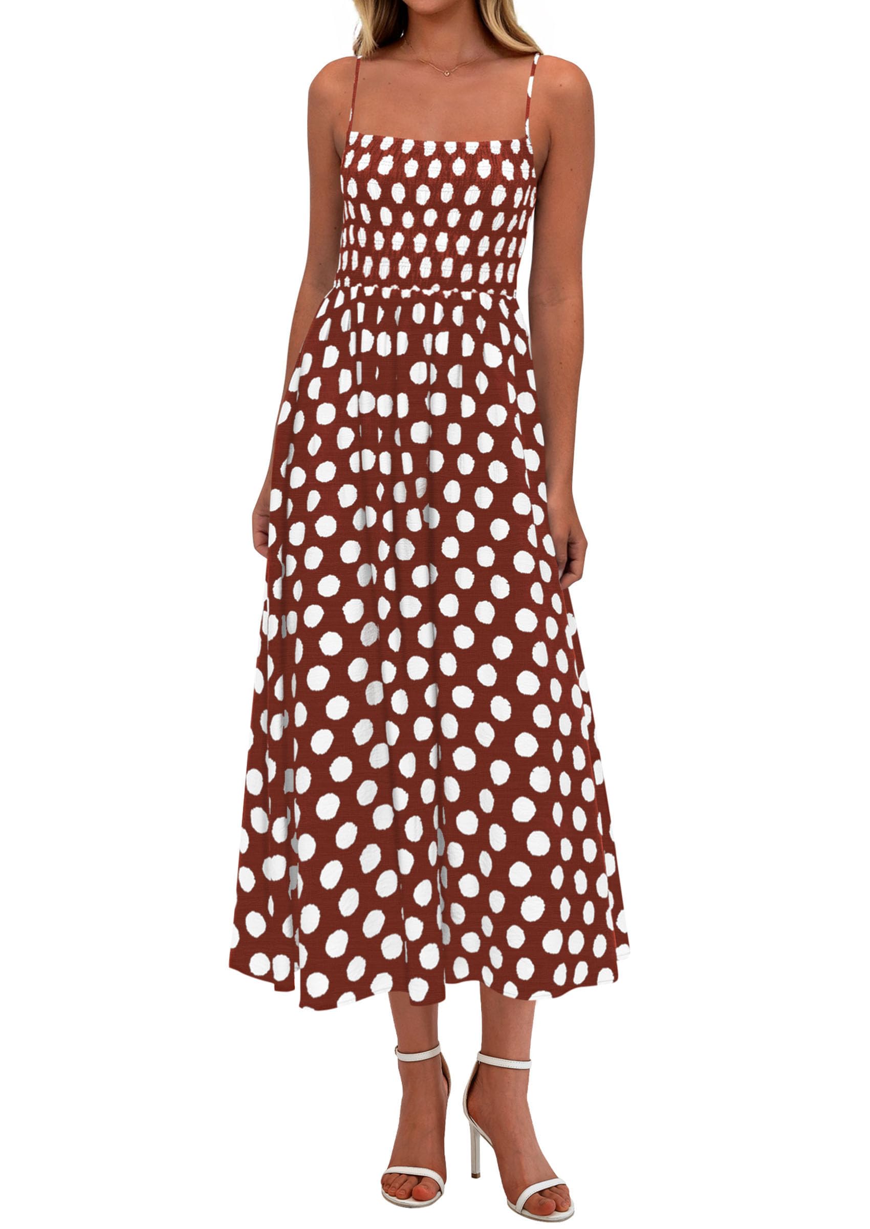 PRETTYGARDEN Womens Polka Dot Dress Summer Sleeveless Spaghetti Straps Smocked Sun Dress Flowy Spring Beach Midi Dresses