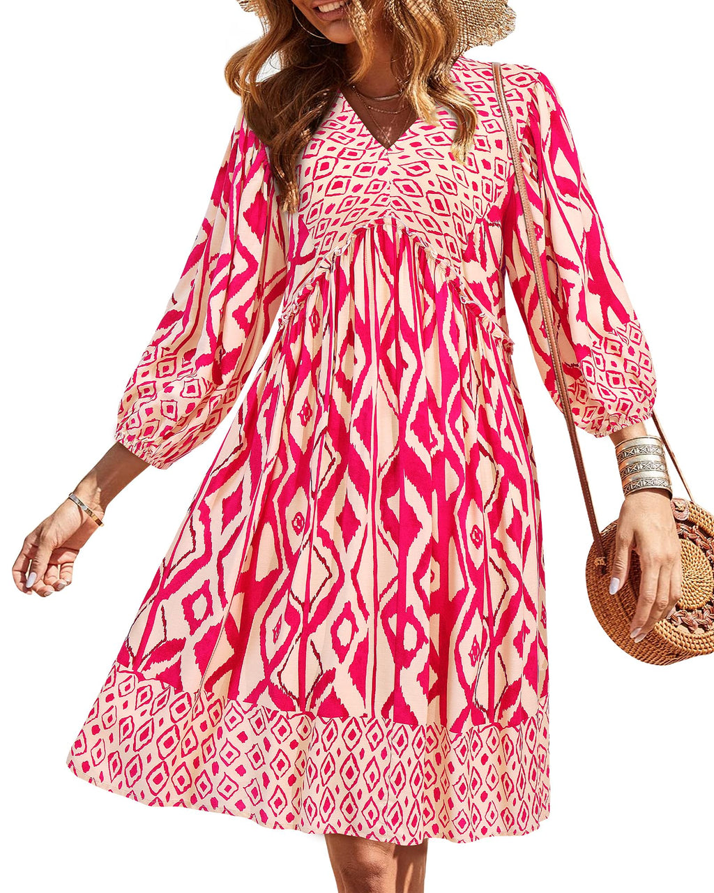 BTFBM Women Casual Spring Summer Dresses V Neck 3/4 Long Sleeve Ruffle Floral Flowy Boho Babydoll Mini Short Beach Dress