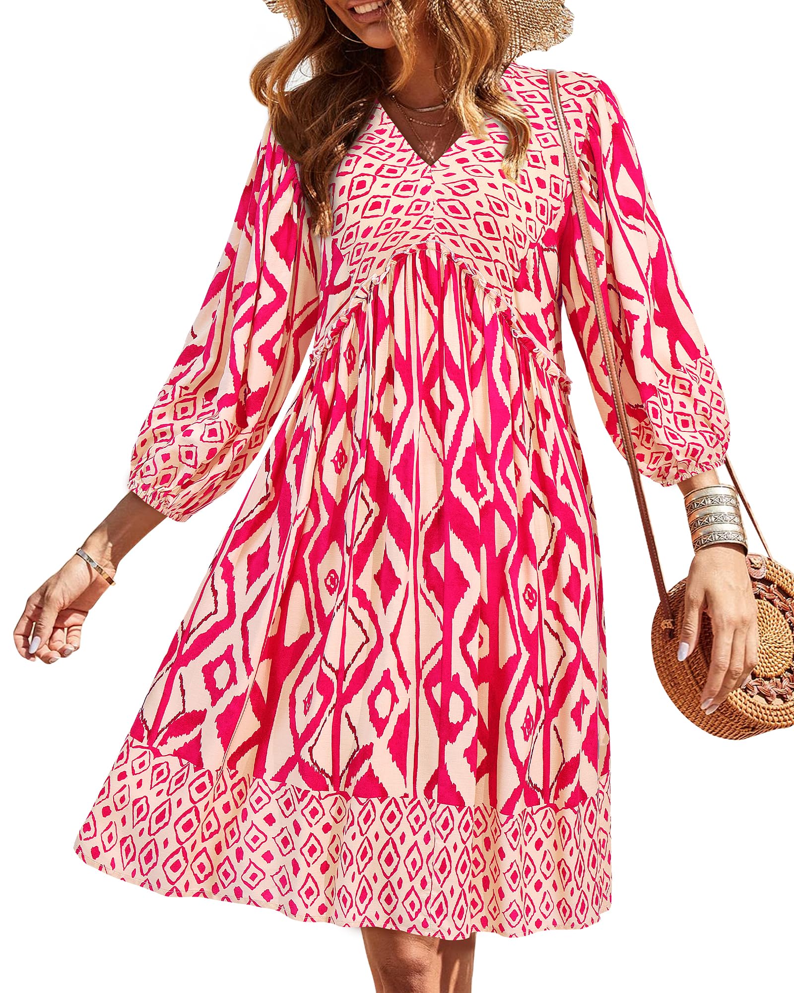 BTFBM Women Casual Spring Summer Dresses V Neck 3/4 Long Sleeve Ruffle Floral Flowy Boho Babydoll Mini Short Beach Dress